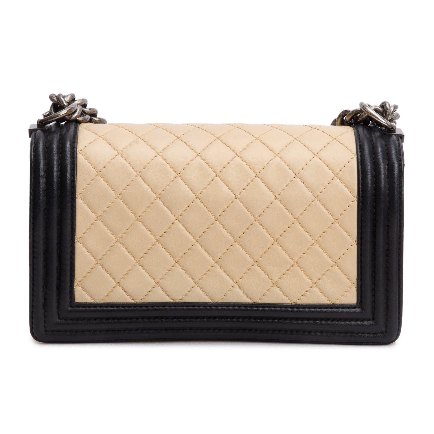 Chanel Beige/Black Quilted Lambskin Leather Medium Boy Bag w/ Authenticity Card