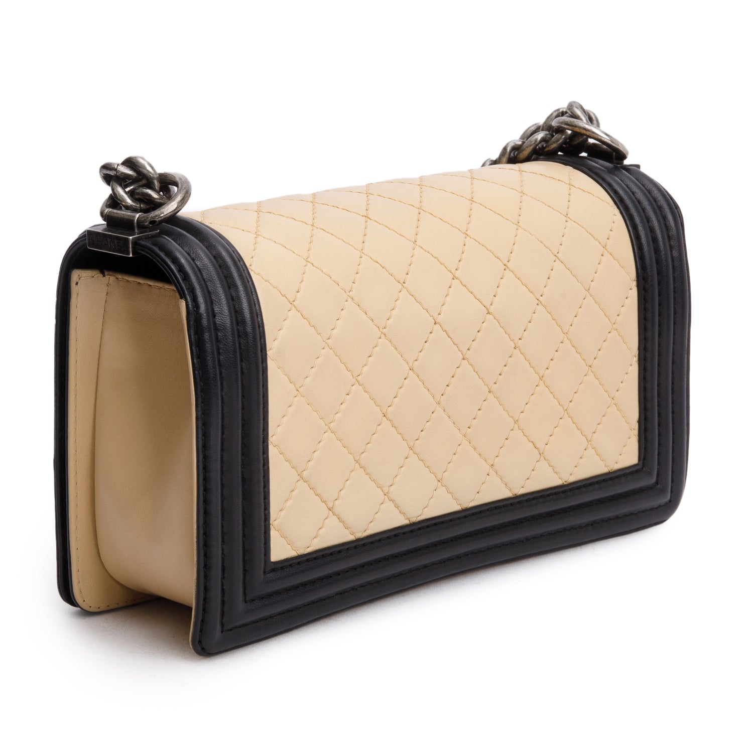 Chanel Beige/Black Quilted Lambskin Leather Medium Boy Bag w/ Authenticity Card