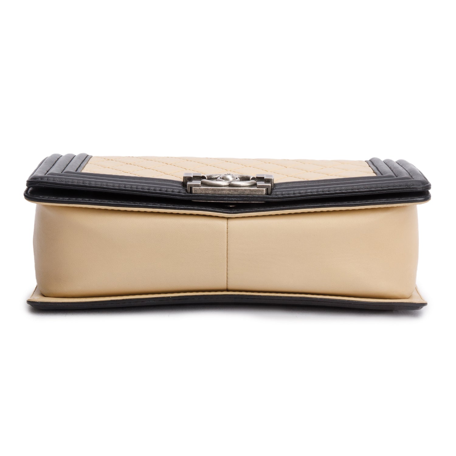 Chanel Beige/Black Quilted Lambskin Leather Medium Boy Bag w/ Authenticity Card