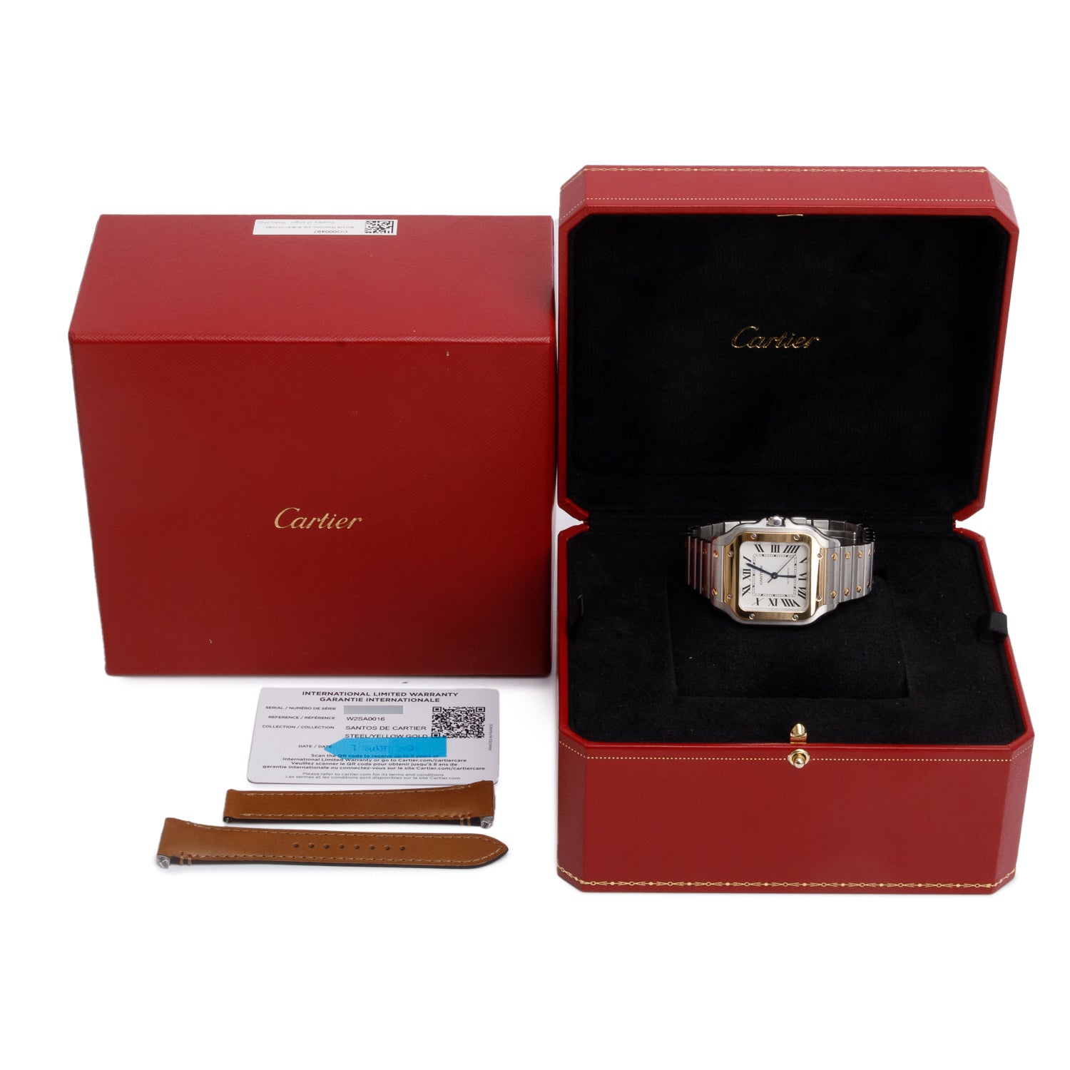 Cartier 2021 Stainless Steel & 18k Yellow Gold Santos de Cartier Automatic Watch, Medium Model 4075 w/ Box, Papers & Extra Leather Strap