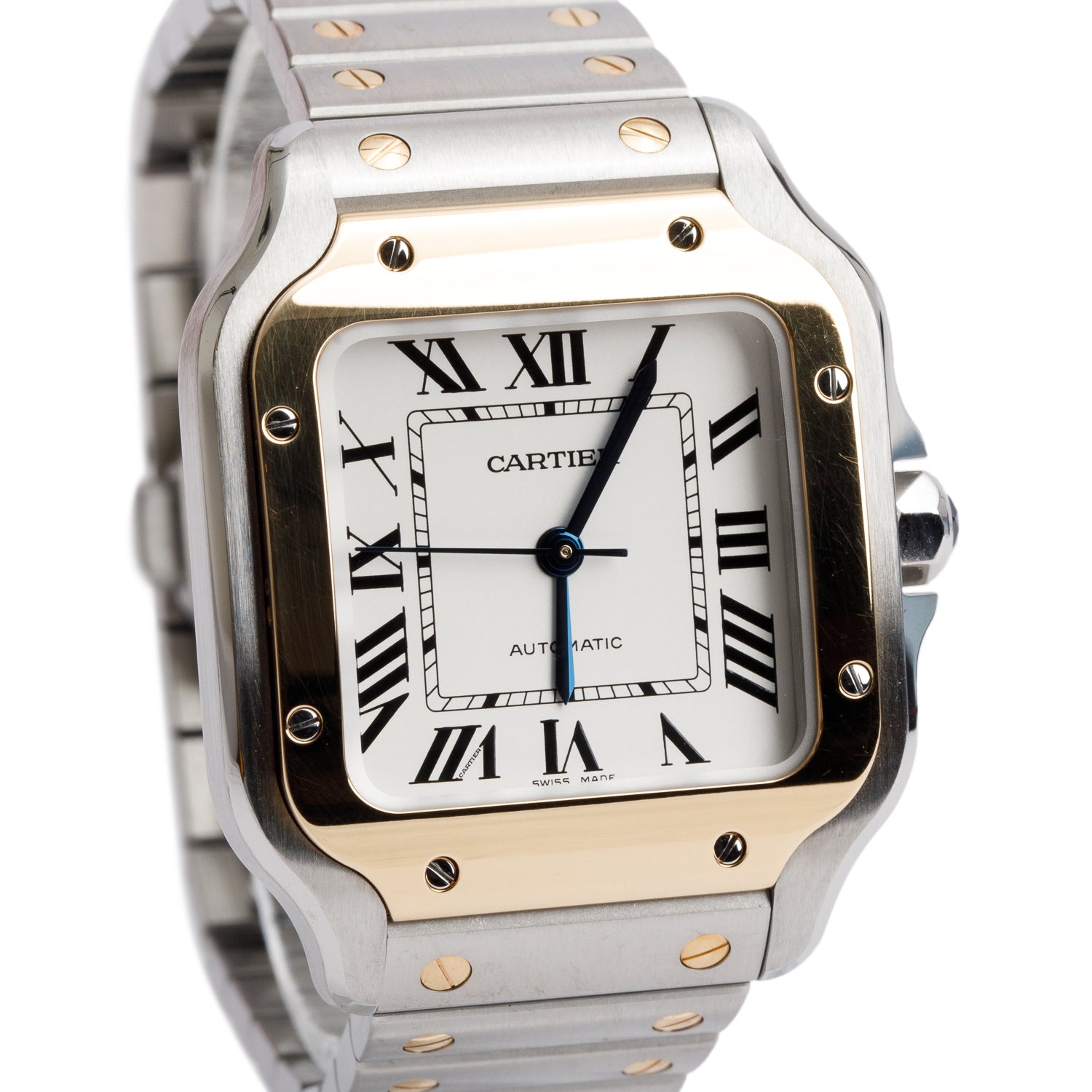 Cartier 2021 Stainless Steel & 18k Yellow Gold Santos de Cartier Automatic Watch, Medium Model 4075 w/ Box, Papers & Extra Leather Strap