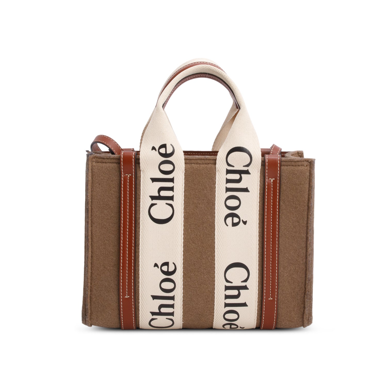 Chloe 2021 Brown Linen Calfskin Small Woody Ribbon Tote w/ Strap