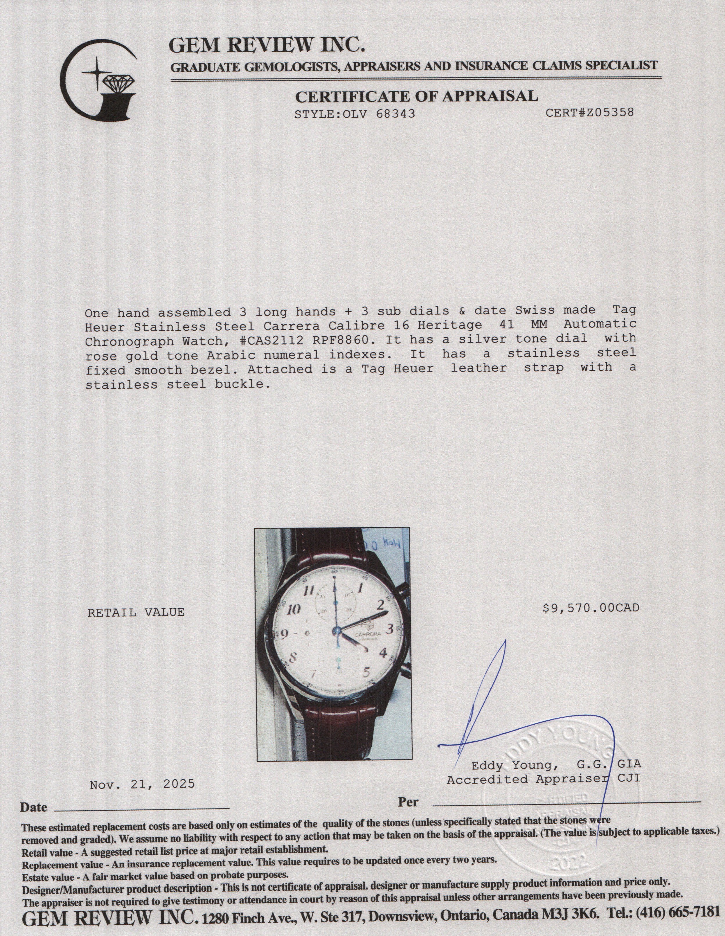 Tag Heuer Stainless Steel Carrera Calibre 16 Heritage 41 MM Automatic Chronograph Watch Silver Dial CAS2112