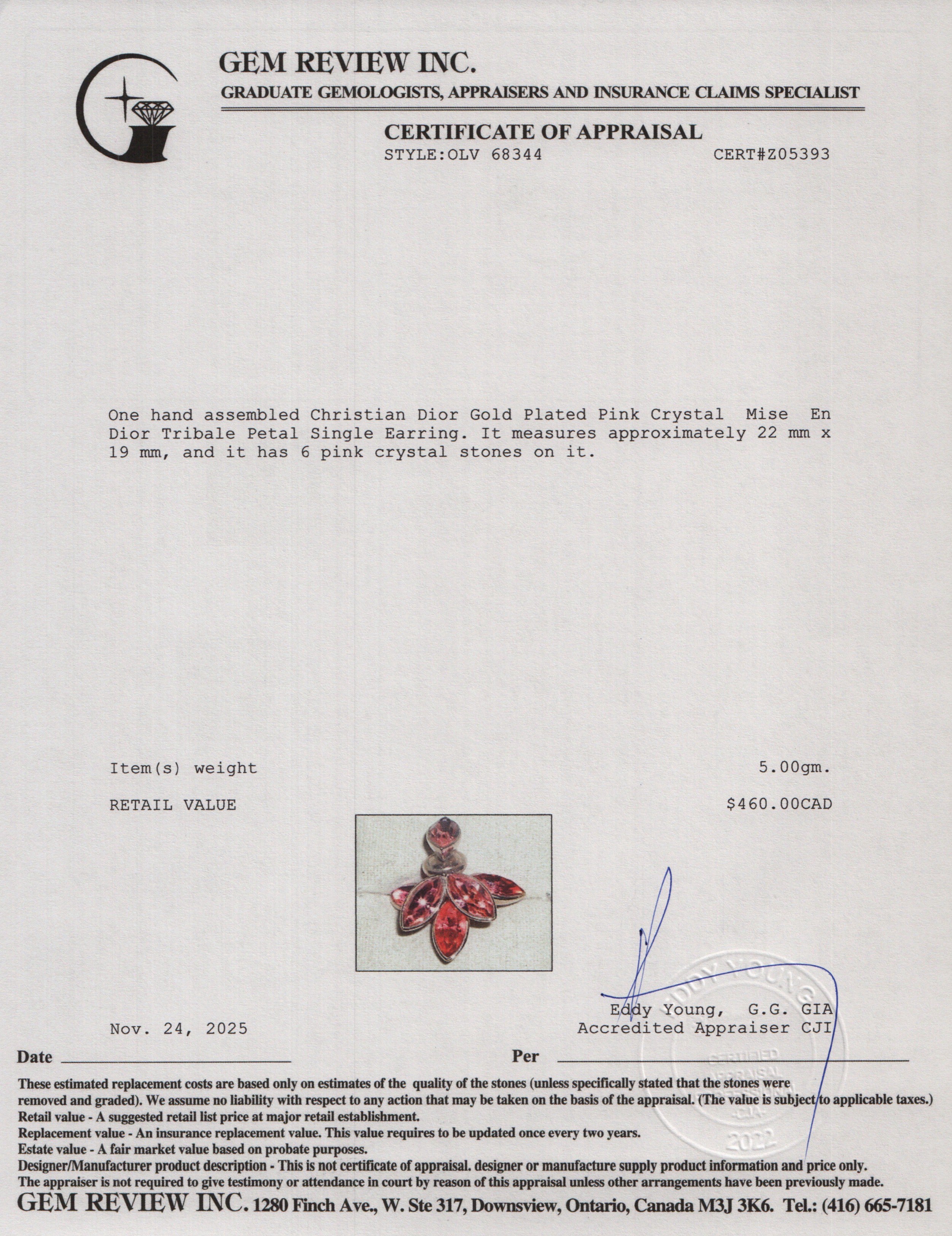 Christian Dior Gold Plated Pink Crystal Mise En Dior Tribale Petal Single Earring