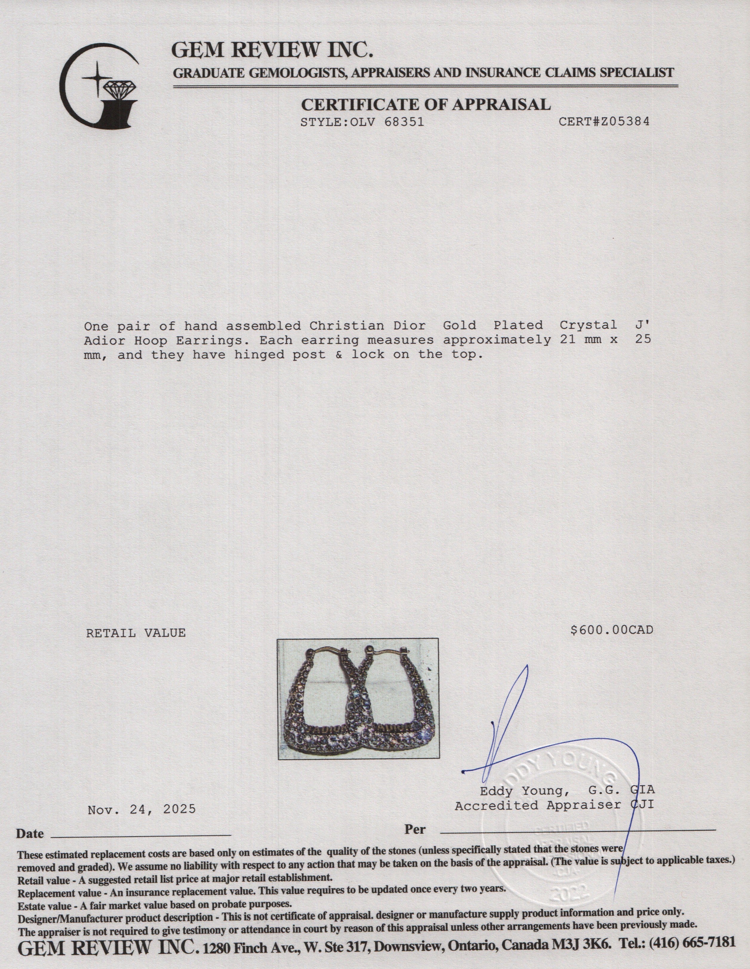 Christian Dior Gold Plated Crystal J' Adior Hoop Earrings