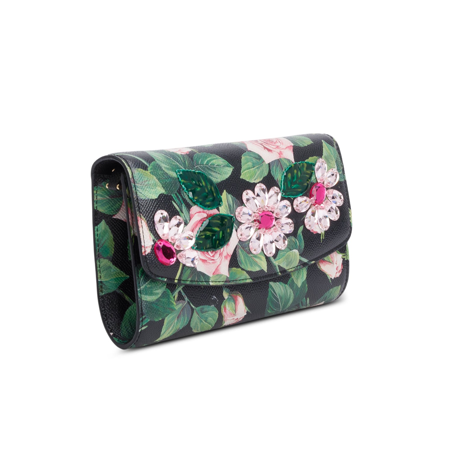 Dolce & Gabbana Black Rose Print Embellished Chain Clutch