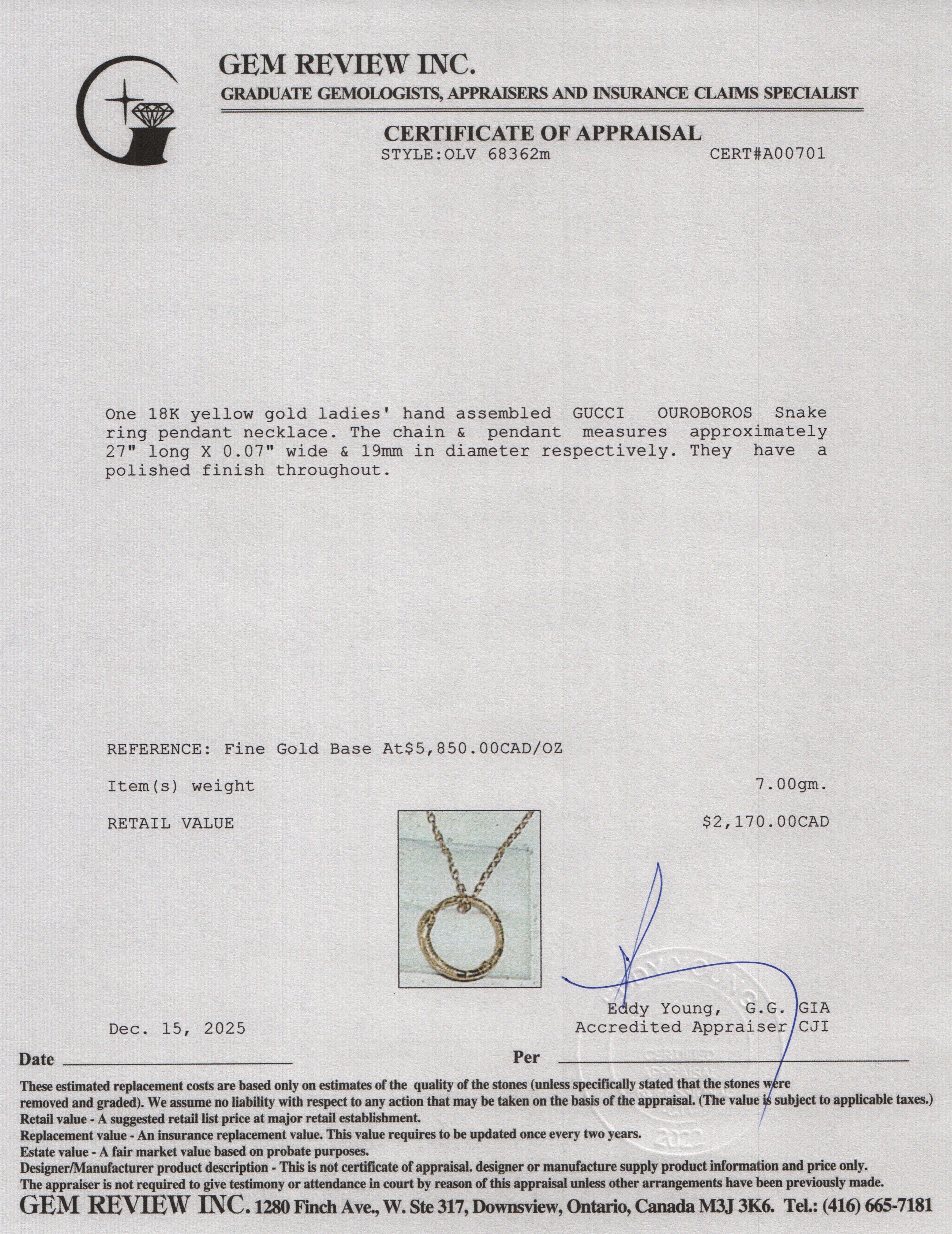 Gucci 18k Yellow Gold Ouroboros Snake Circle Pendant Necklace w/ Box