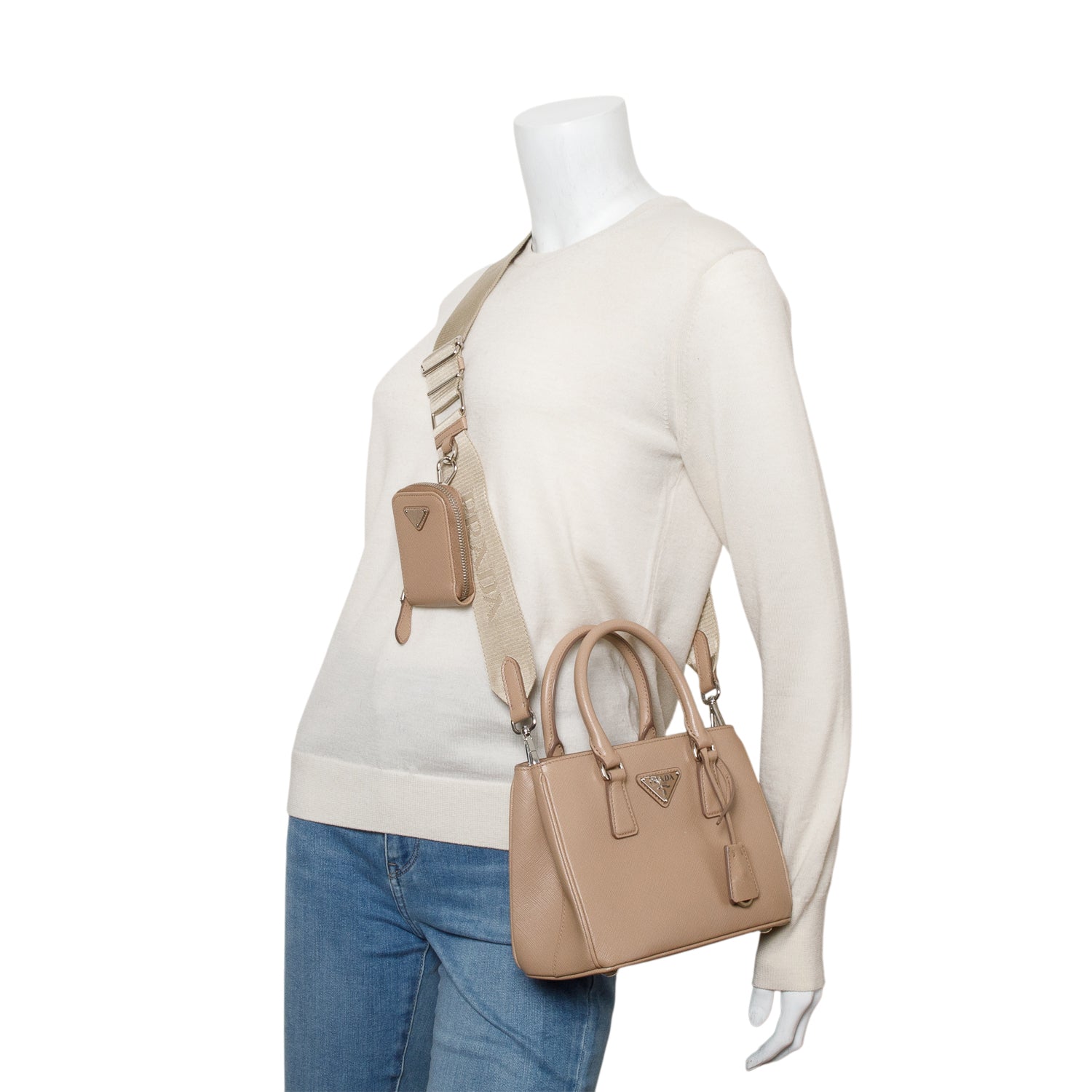 Prada 2022 Beige Saffiano Leather Mini Tote w/ Strap, Coin Pouch & Authenticity Card