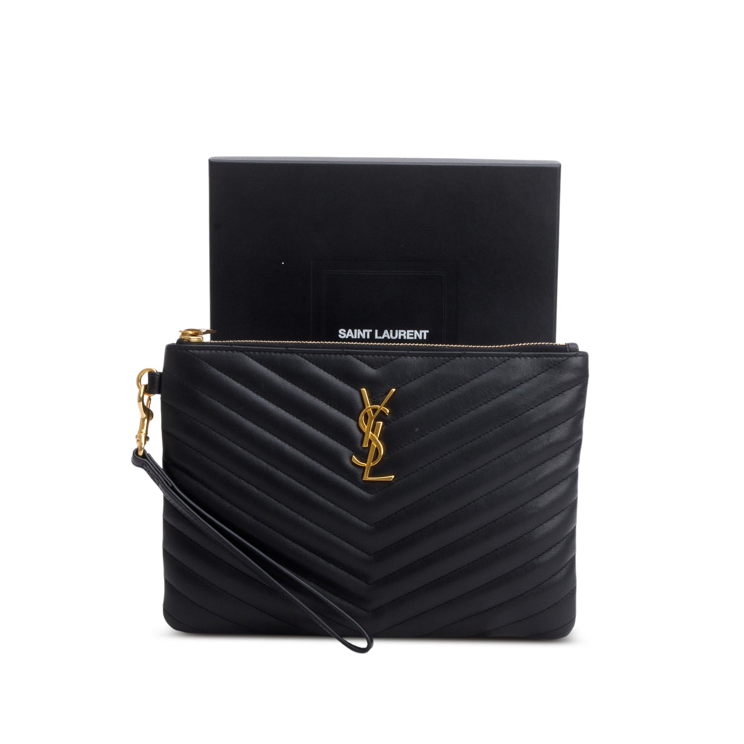 Saint Laurent Black Calfskin Matelasse Monogram Cassandre A5 Pouch w/ Box