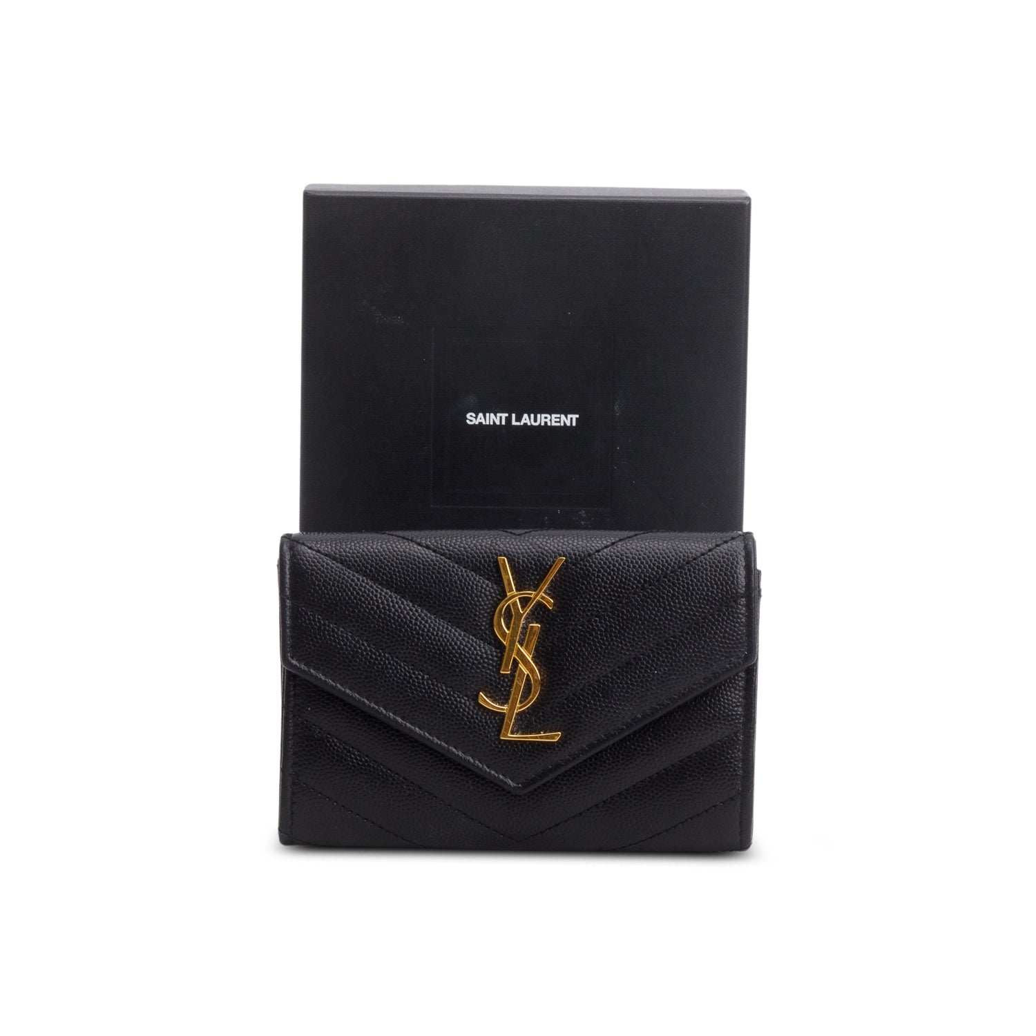 Saint Laurent 2020 Black Grain De Poudre Cassandre Matelasse Small Envelope Wallet w/ Box