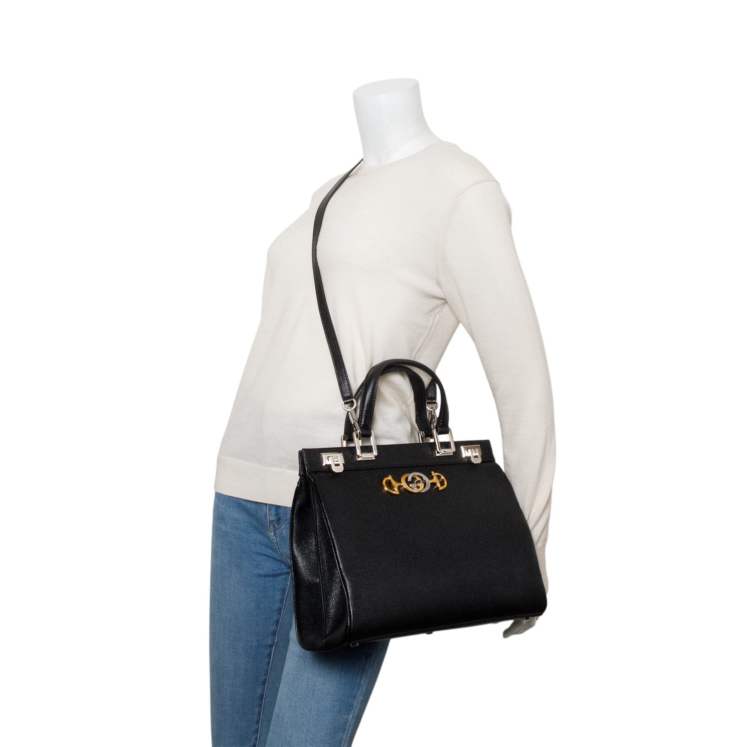 Gucci Black Grainy Calfskin Medium Zumi Top Handle w/ Box & Strap