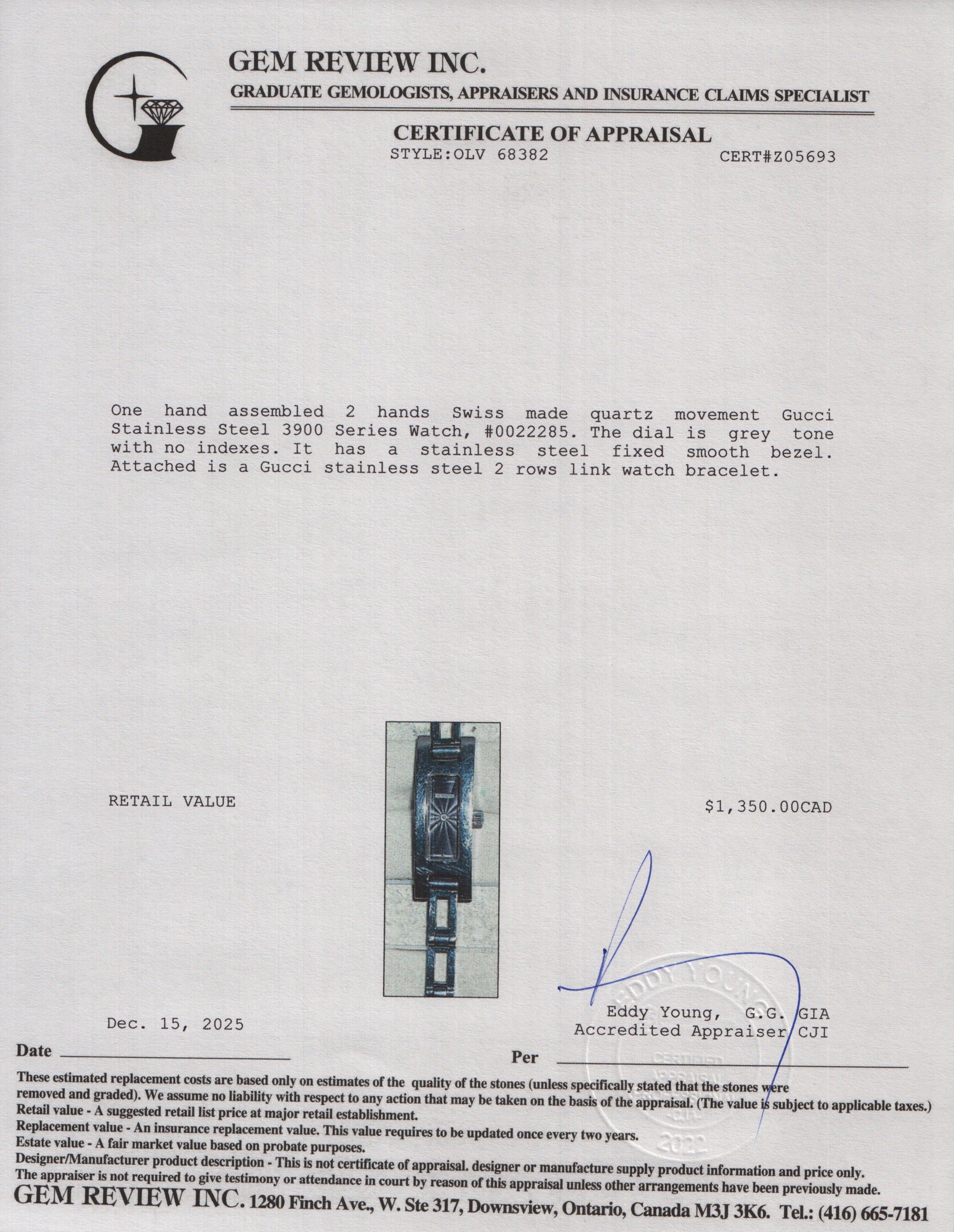 Gucci Stainless Steel 3900 Series Watch Grey Dial w/ Box & Papers