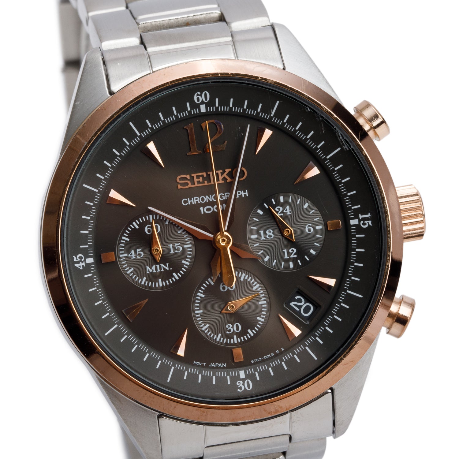 Seiko Vintage Rose Gold Plated & Stainless Steel 41 MM Chronograph Quartz Watch Grey Dial w/ Box