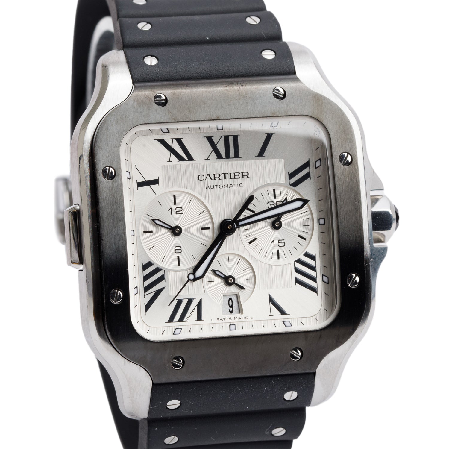 Cartier Stainless Steel & ADLC Santos de Cartier Automatic Chronograph Watch, Extra-Large Model 4183 w/ Box, Papers & Extra Strap