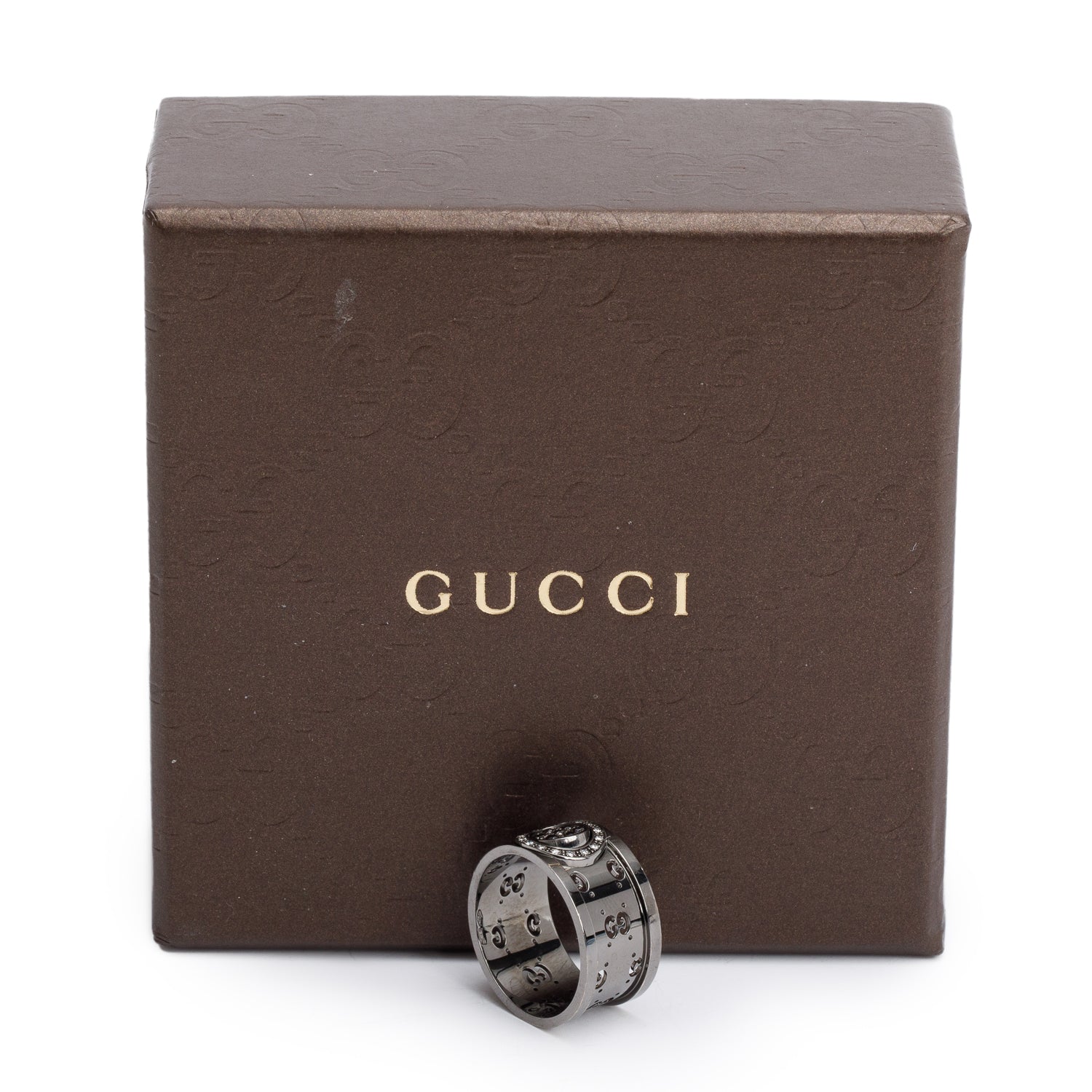 Gucci Black Coated 18k White Gold Diamond Icon Twirl Ring, Size 16 7.25 w/ Box