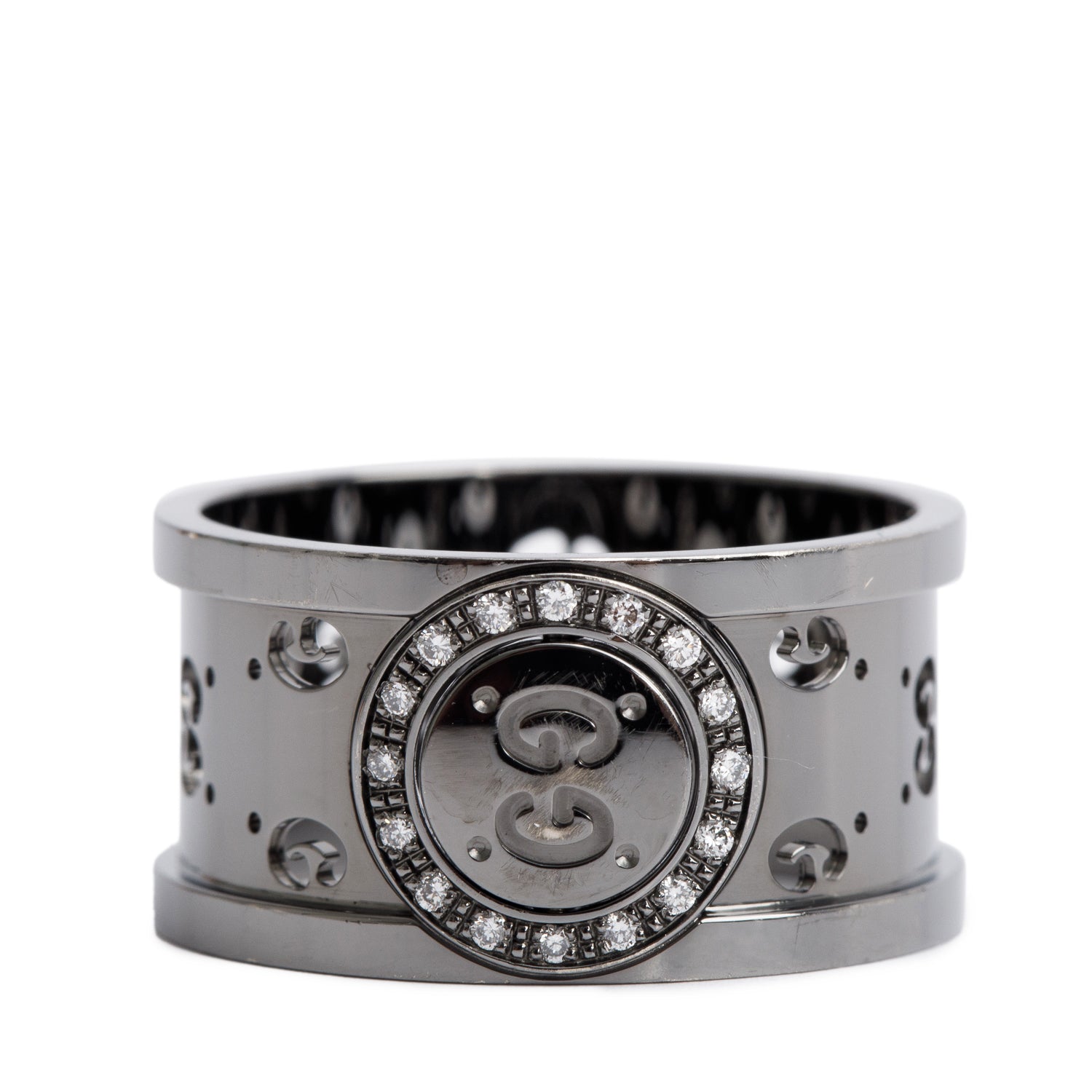 Gucci Black Coated 18k White Gold Diamond Icon Twirl Ring, Size 16 7.25 w/ Box