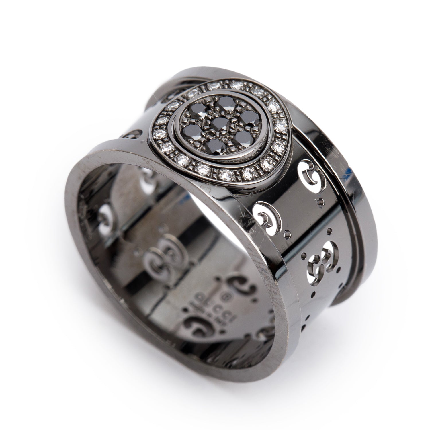 Gucci Black Coated 18k White Gold Diamond Icon Twirl Ring, Size 16 7.25 w/ Box