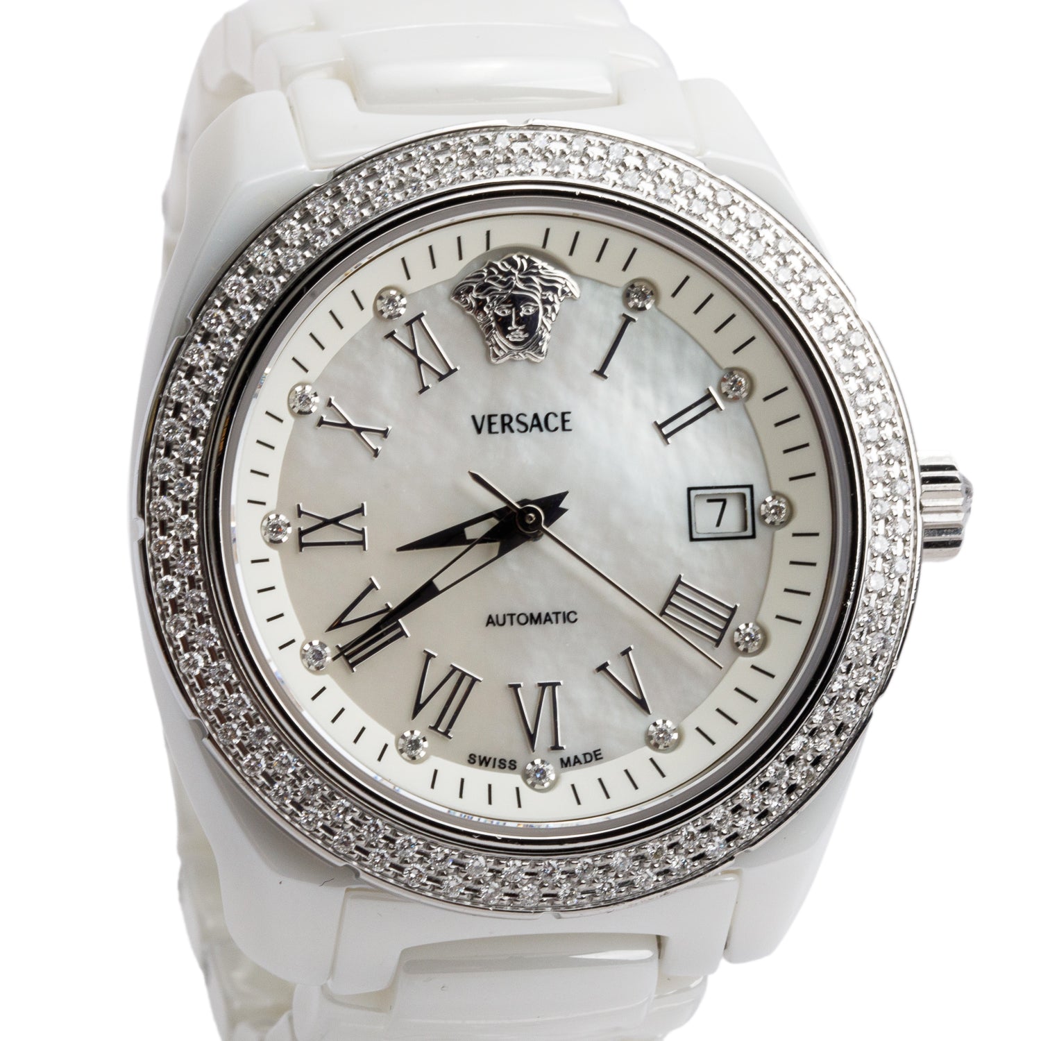 Versace Stainless Steel & White Ceramic DV One 41 MM Automatic Watch Diamond Mother of Pearl Dial w/ Box & Papers
