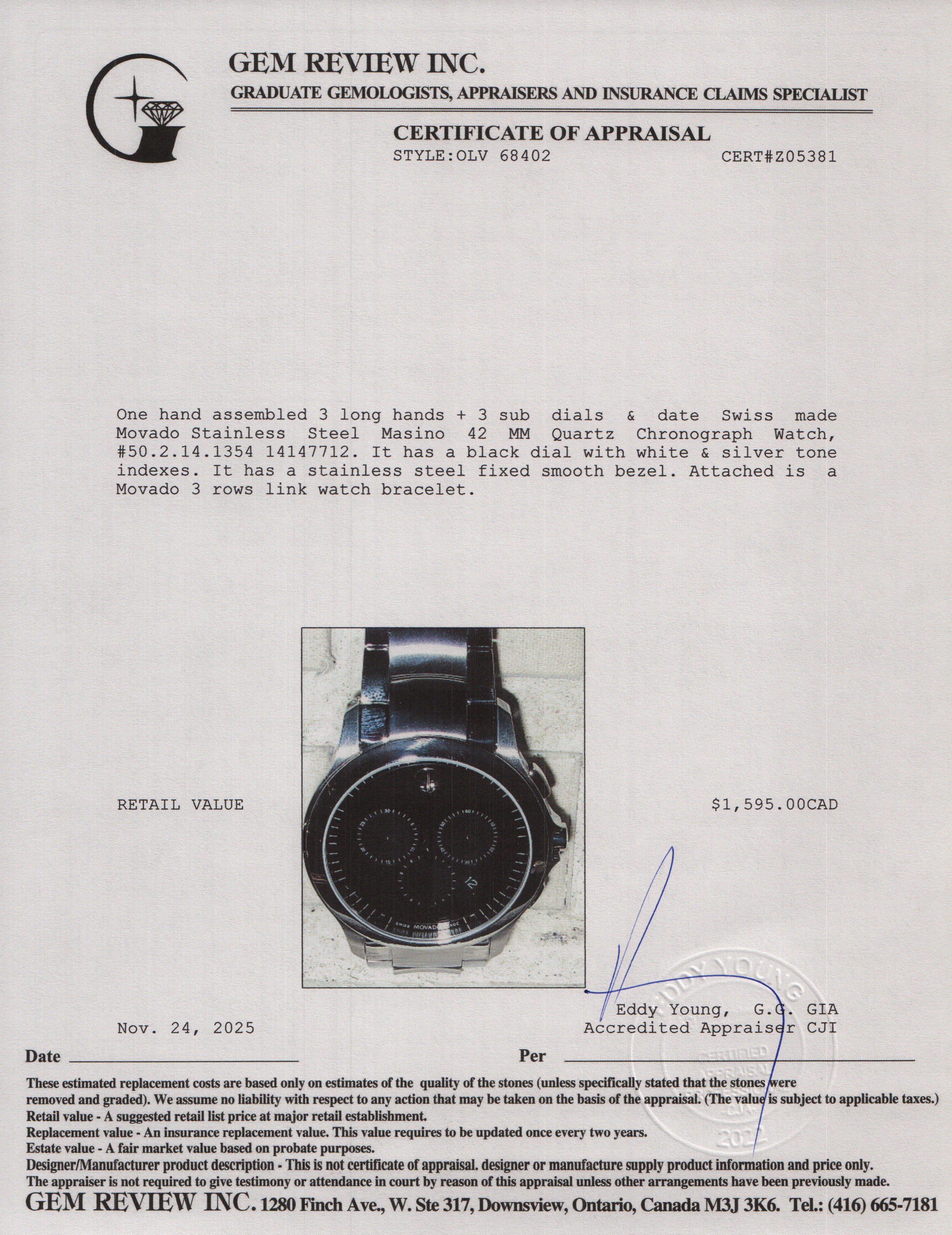 Movado Stainless Steel Masino 42 MM Quartz Chronograph Watch Black Dial