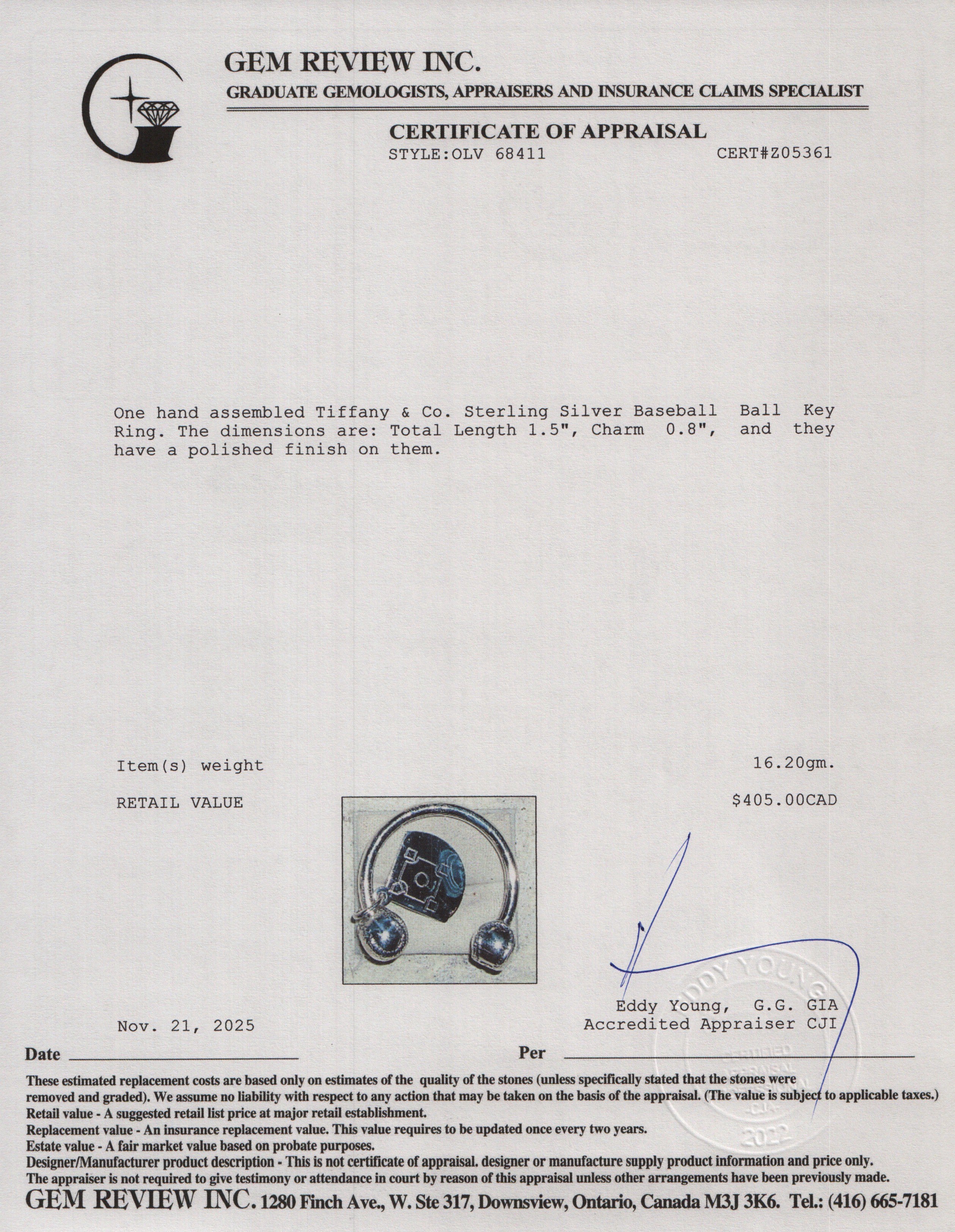 Tiffany & Co. Sterling Silver Baseball Ball Key Ring