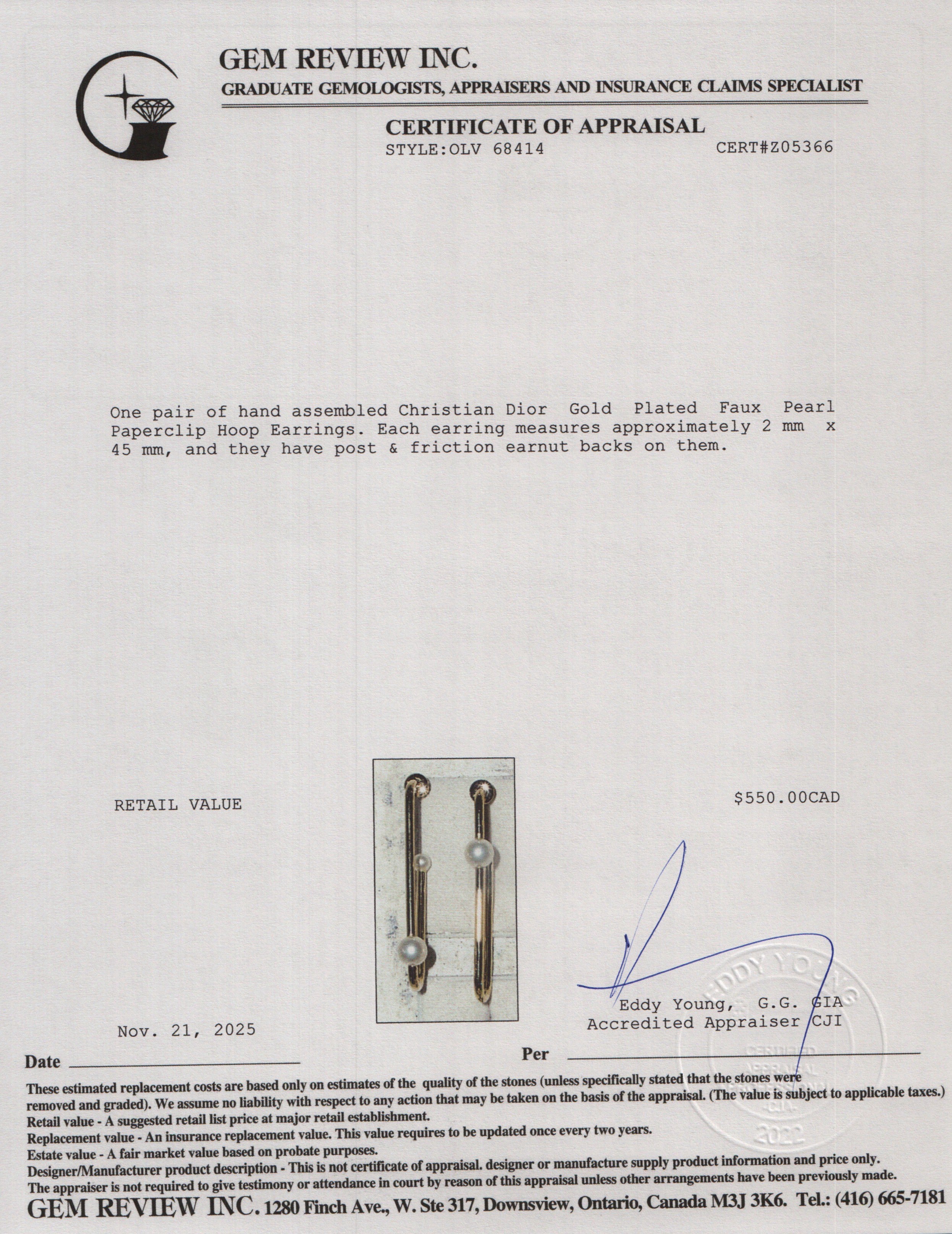 Christian Dior Gold Plated Faux Pearl Paperclip Hoop Earrings