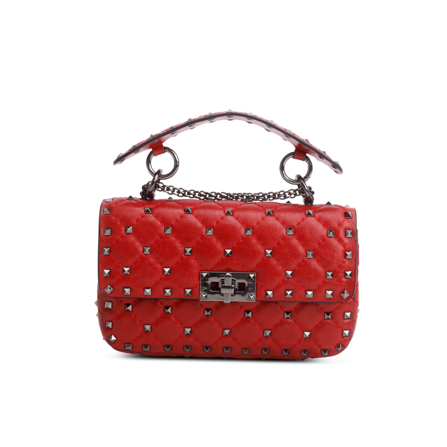 Valentino Red Wrinkled Lambskin Small Rockstud Spike Shoulder Bag