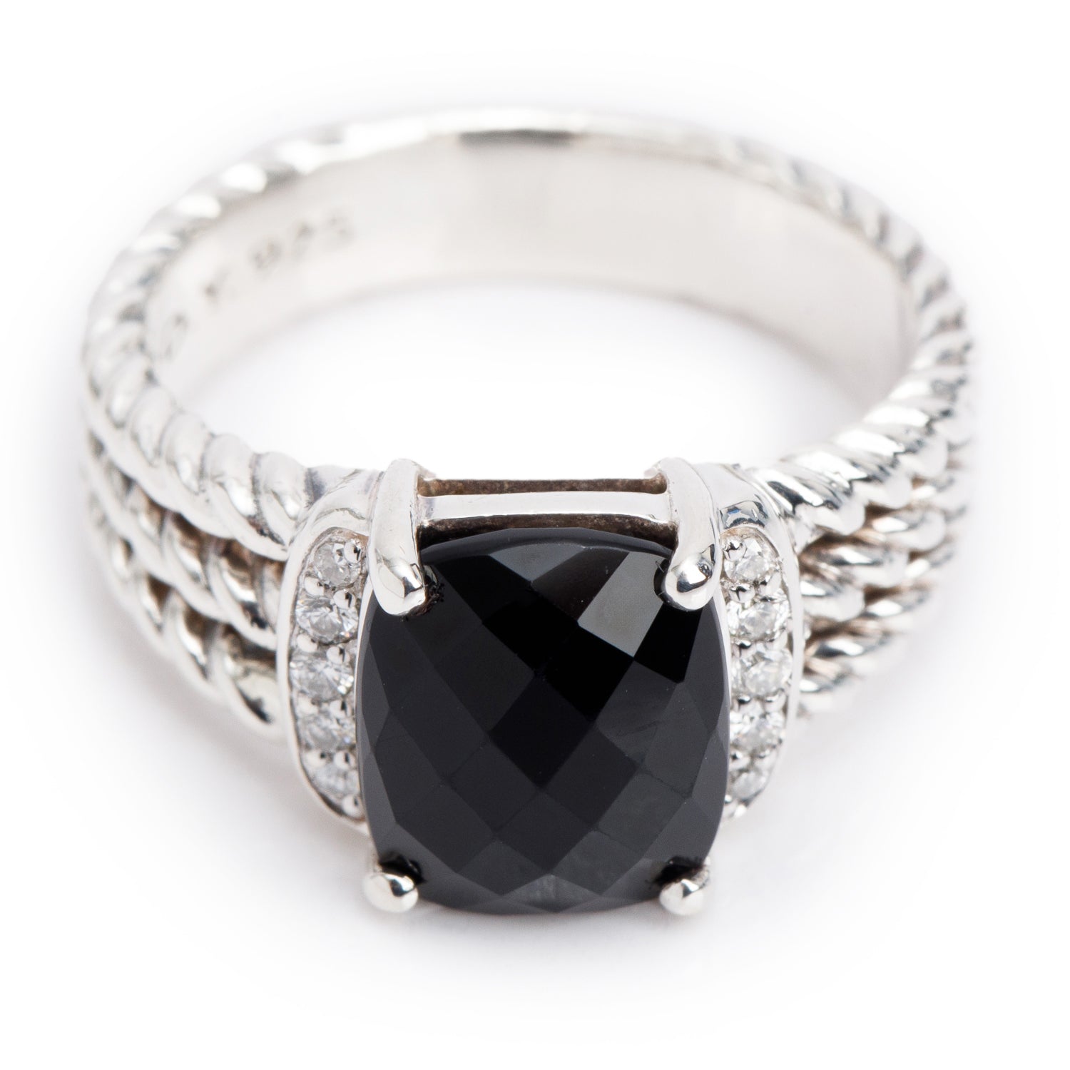 David Yurman Sterling Onyx & Diamond Petite Wheaton Band Ring, 10 MM Size 5.75