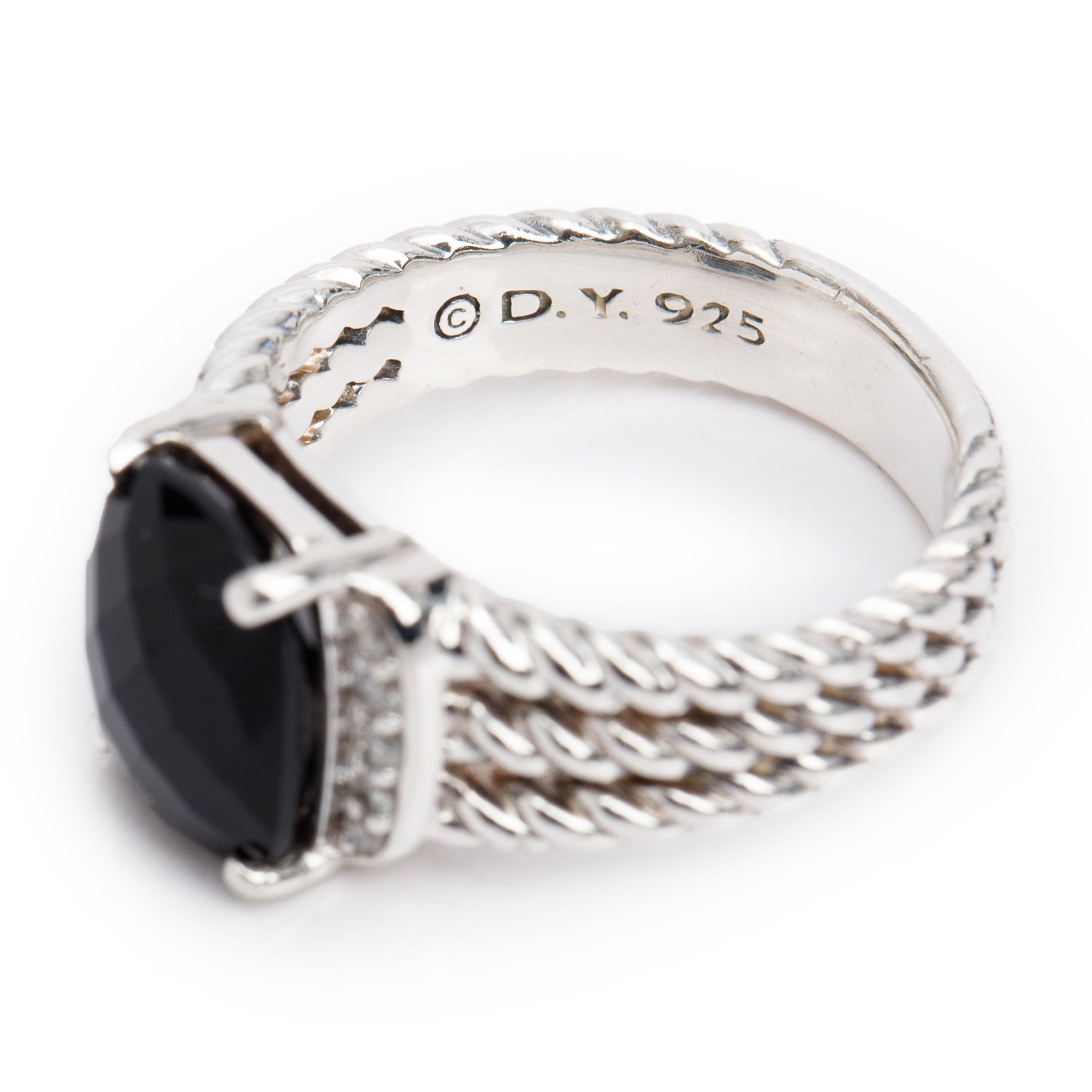 David Yurman Sterling Onyx & Diamond Petite Wheaton Band Ring, 10 MM Size 5.75