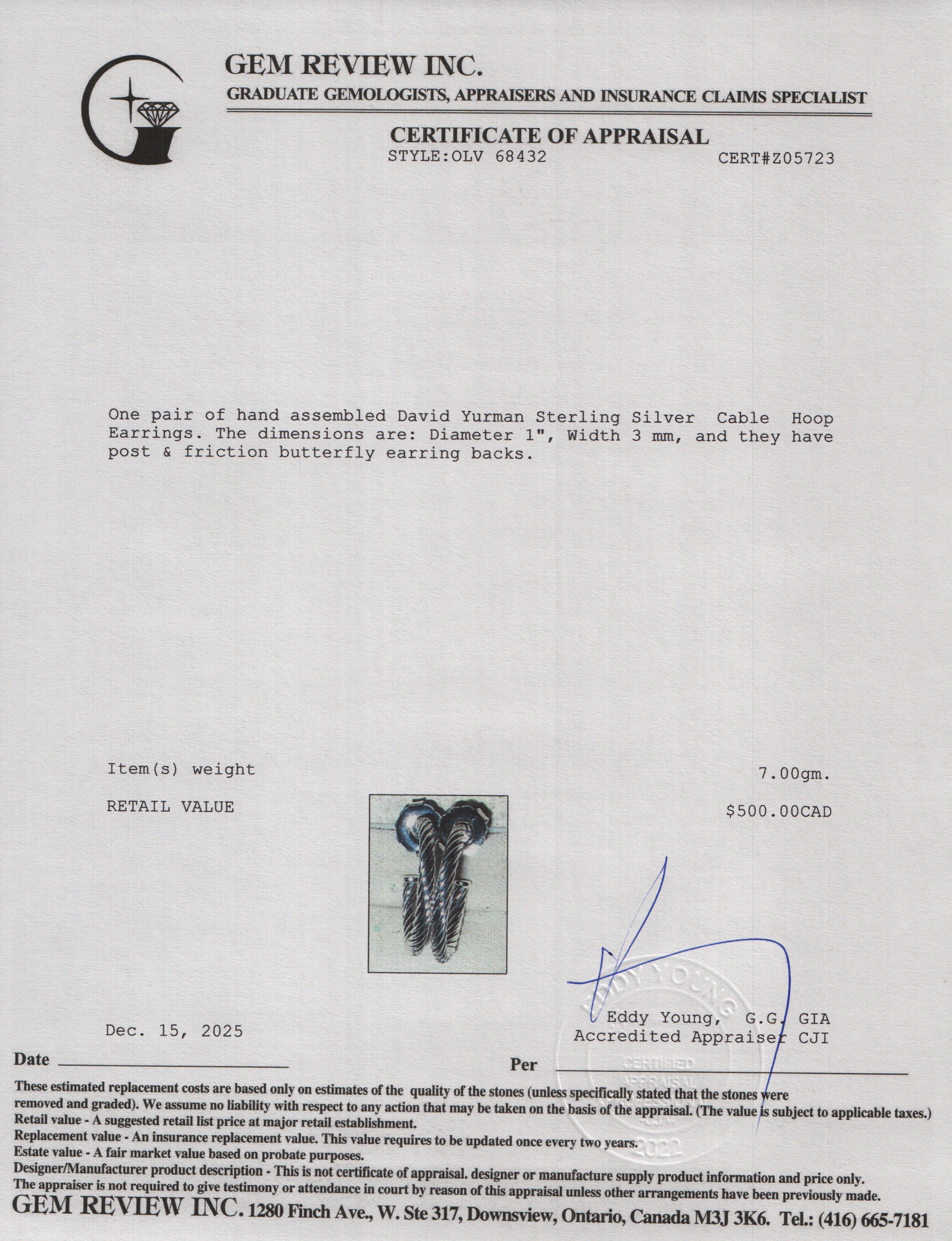 David Yurman Sterling Silver 1" Cable Hoop Earrings