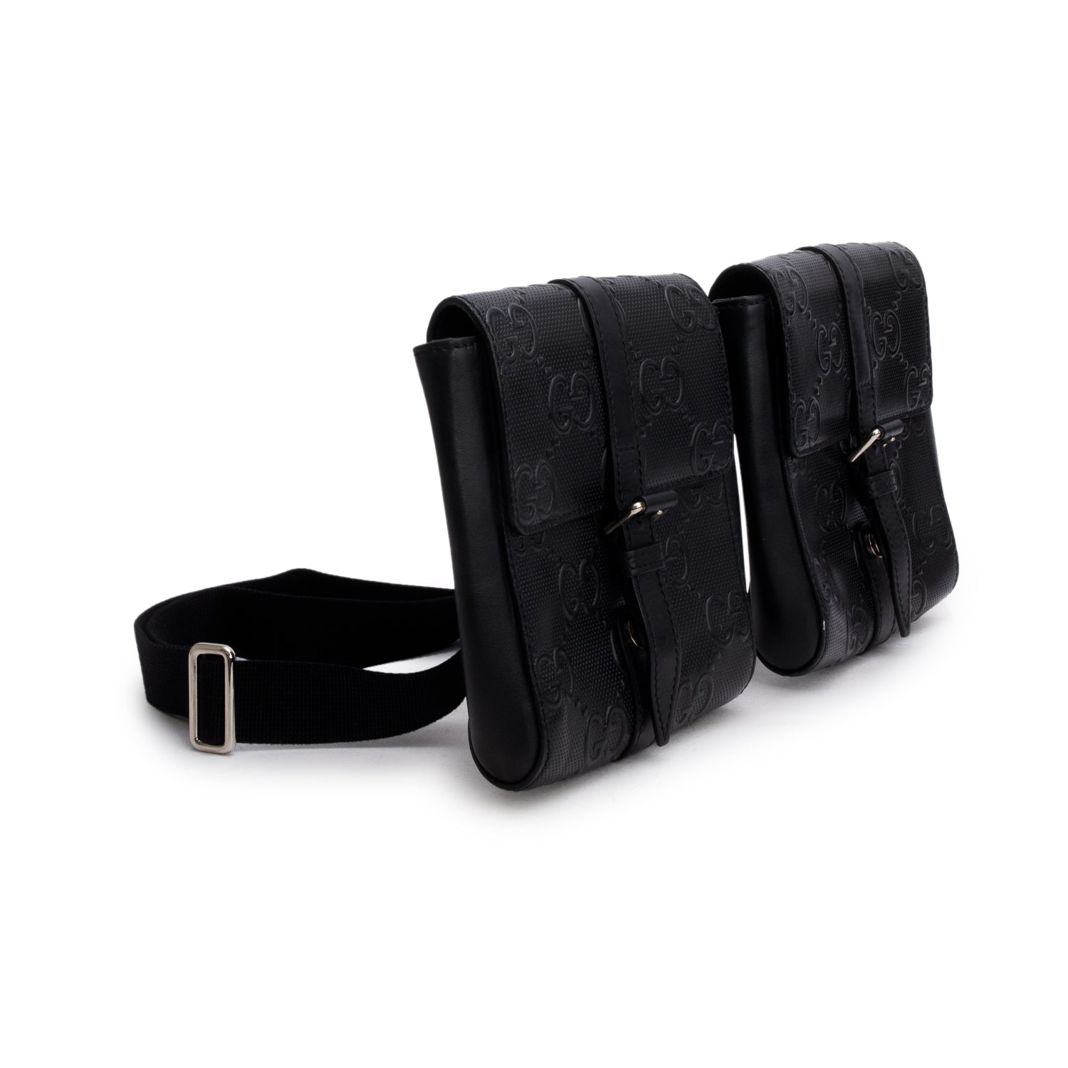 Gucci Black GG Embossed Perforated Leather Double Belt Bag