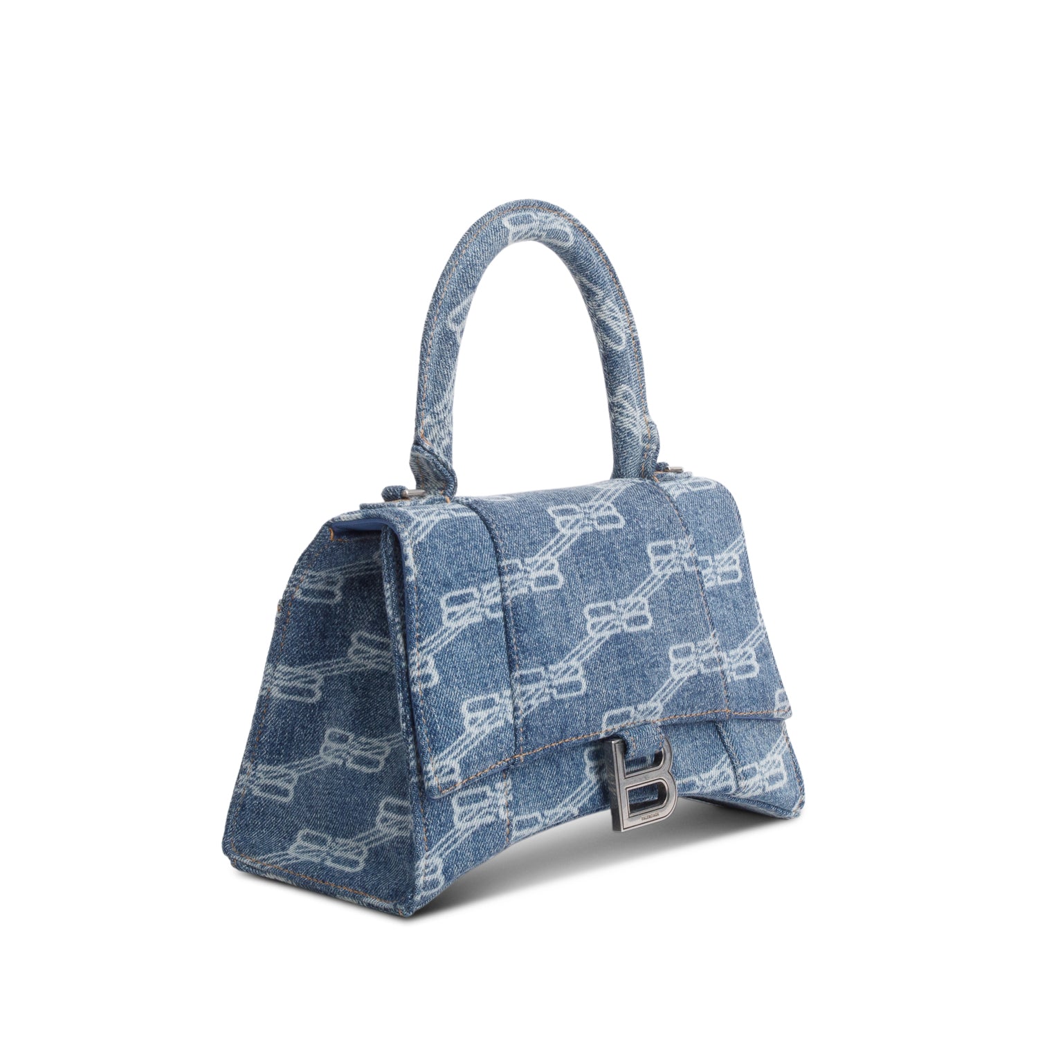 Balenciaga Blue BB Monogram Denim Small Hourglass Top Handle Bag w/ Strap