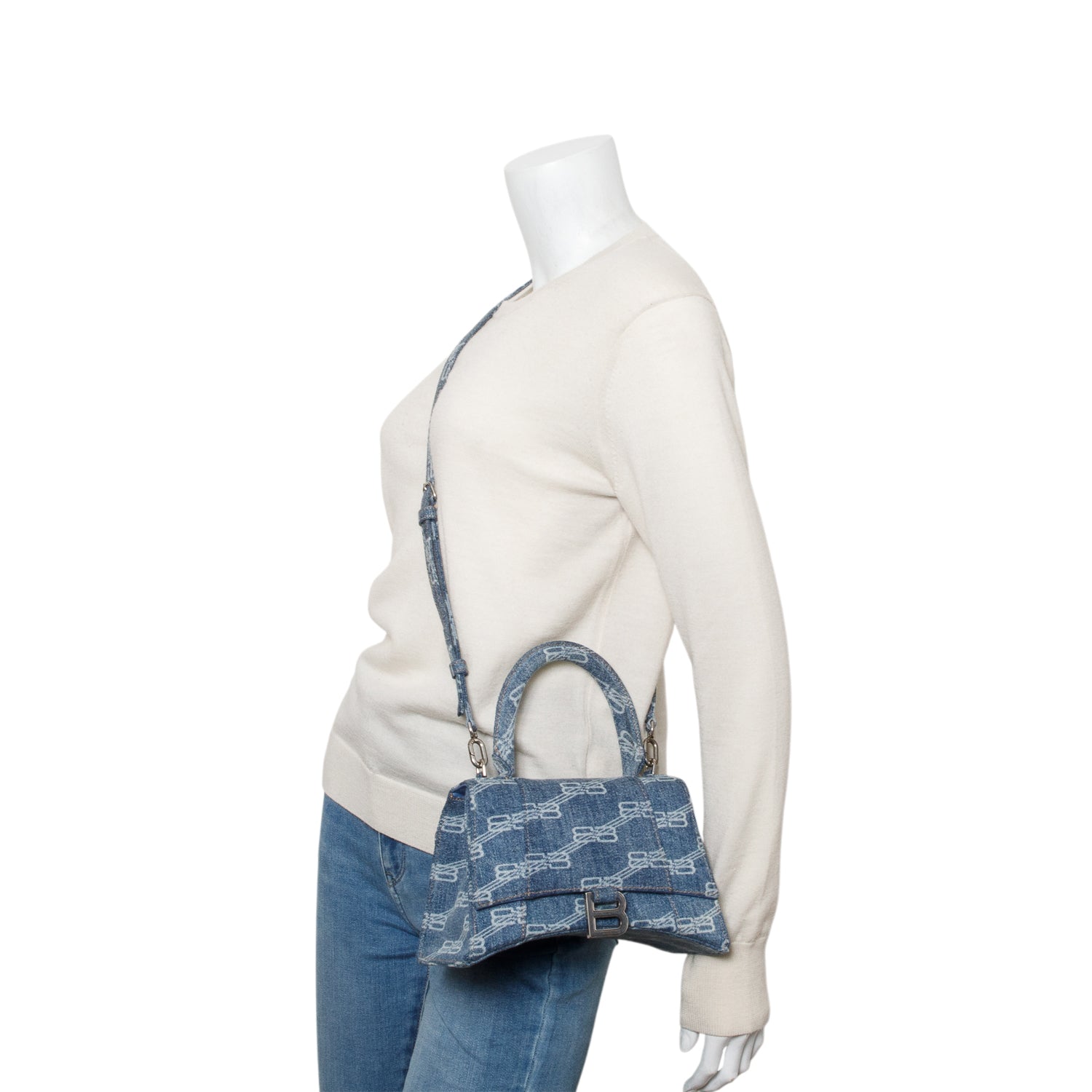 Balenciaga Blue BB Monogram Denim Small Hourglass Top Handle Bag w/ Strap