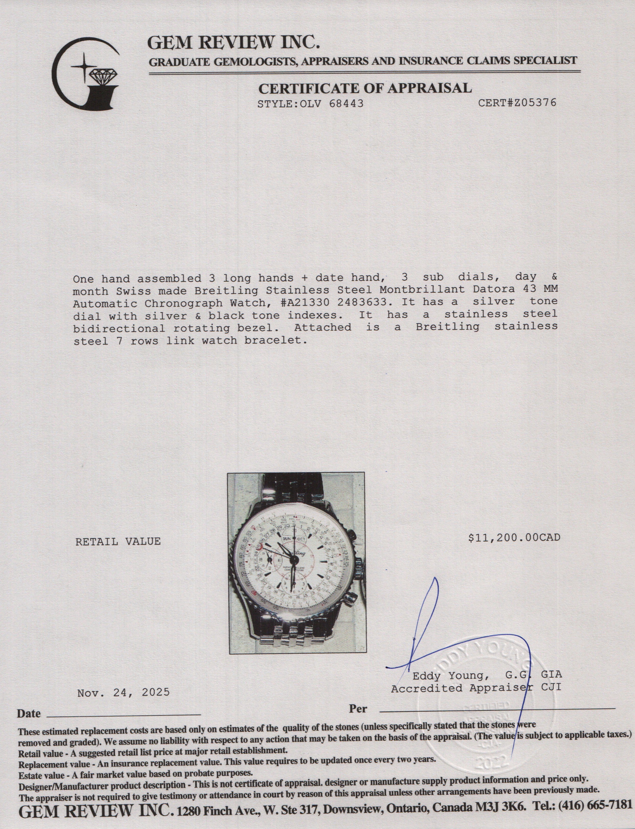 Breitling Stainless Steel Montbrillant Datora 43 MM Automatic Chronograph Watch Silver Dial A21330 w/ Box & Papers