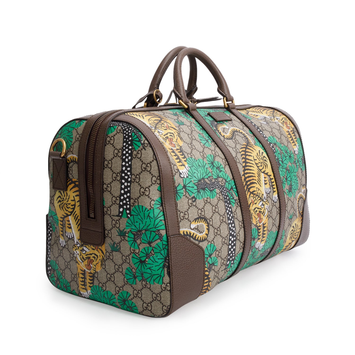 Gucci GG Supreme Monogram Bengal Web Boston Duffel Bag w/ Strap