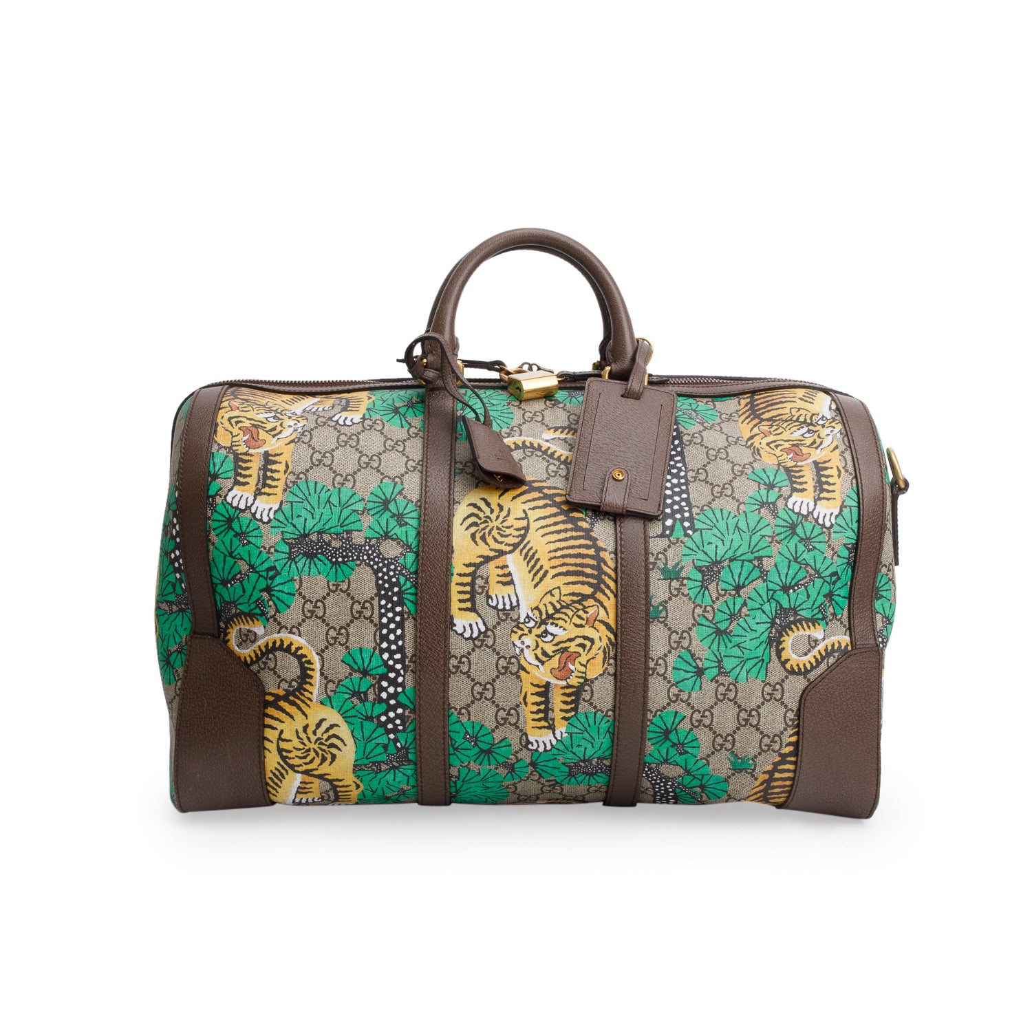 Gucci GG Supreme Monogram Bengal Web Boston Duffel Bag w/ Strap