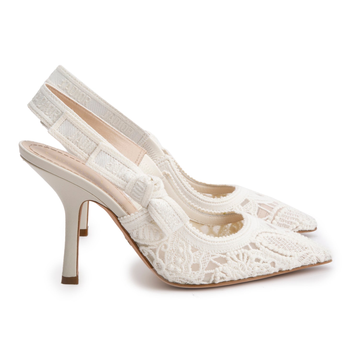 Christian Dior White Ribbon Butterfly Macramé Embroidered J'Adior Slingback Pumps, Size 36 w/ Box