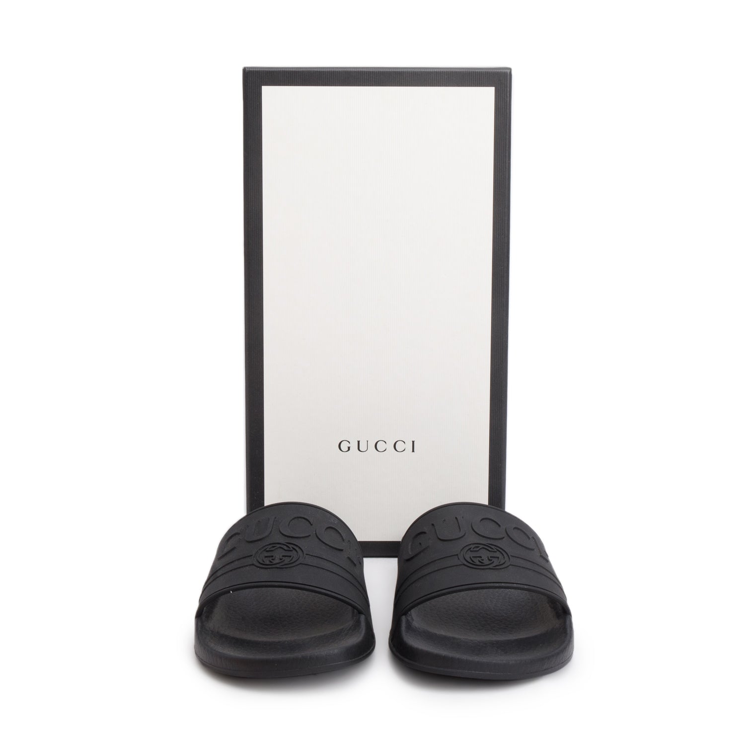 Gucci Black Interlocking G Logo Rubber Slides, Size 38 w/ Box