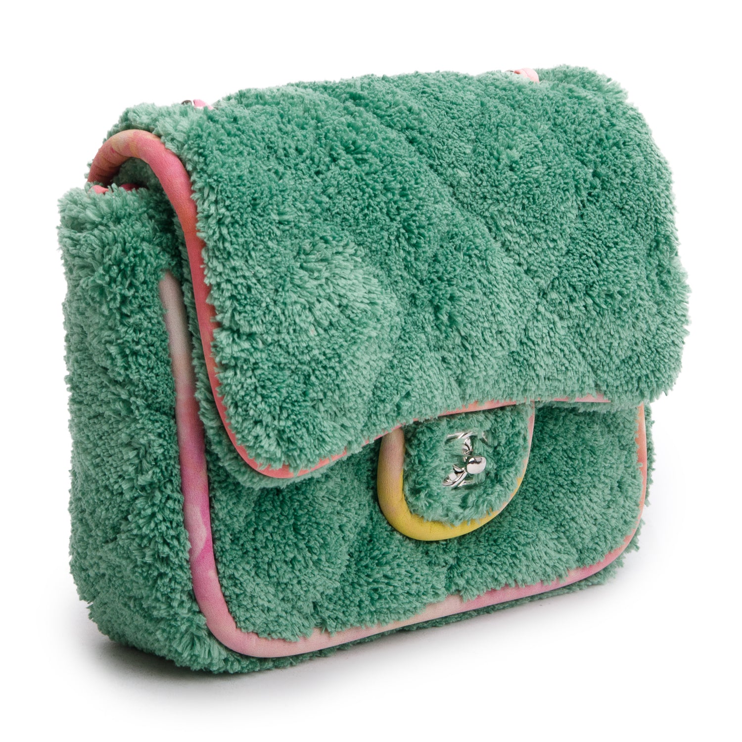 Chanel 2020 Green Quilted Terry Cloth Small Square Flap Bag