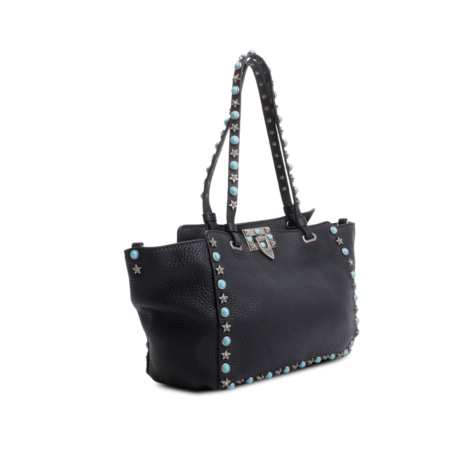 Valentino Black Pebbled Calfskin Small Rockstud Rolling Tote