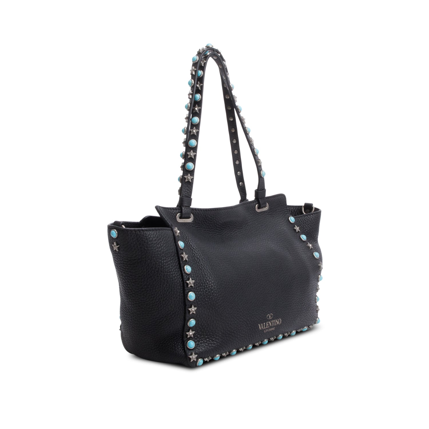 Valentino Black Pebbled Calfskin Small Rockstud Rolling Tote