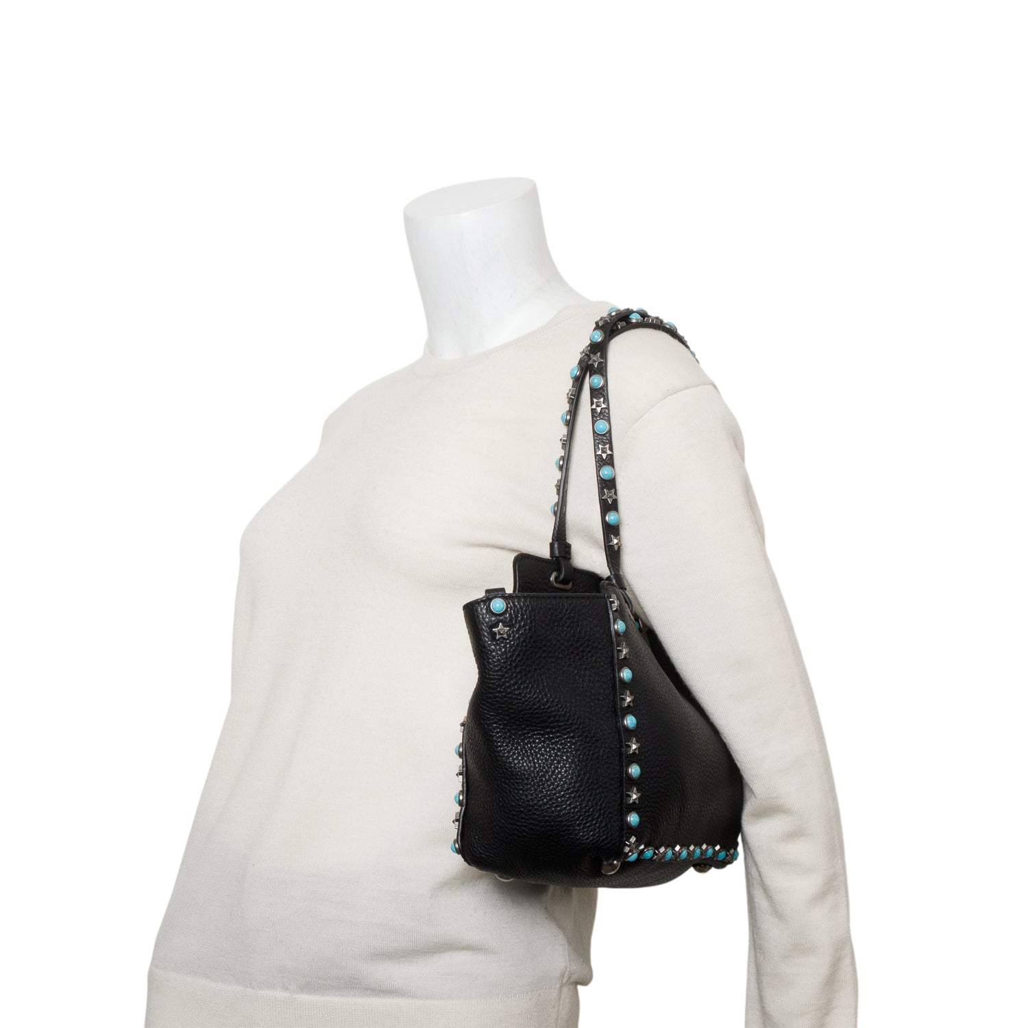 Valentino Black Pebbled Calfskin Small Rockstud Rolling Tote