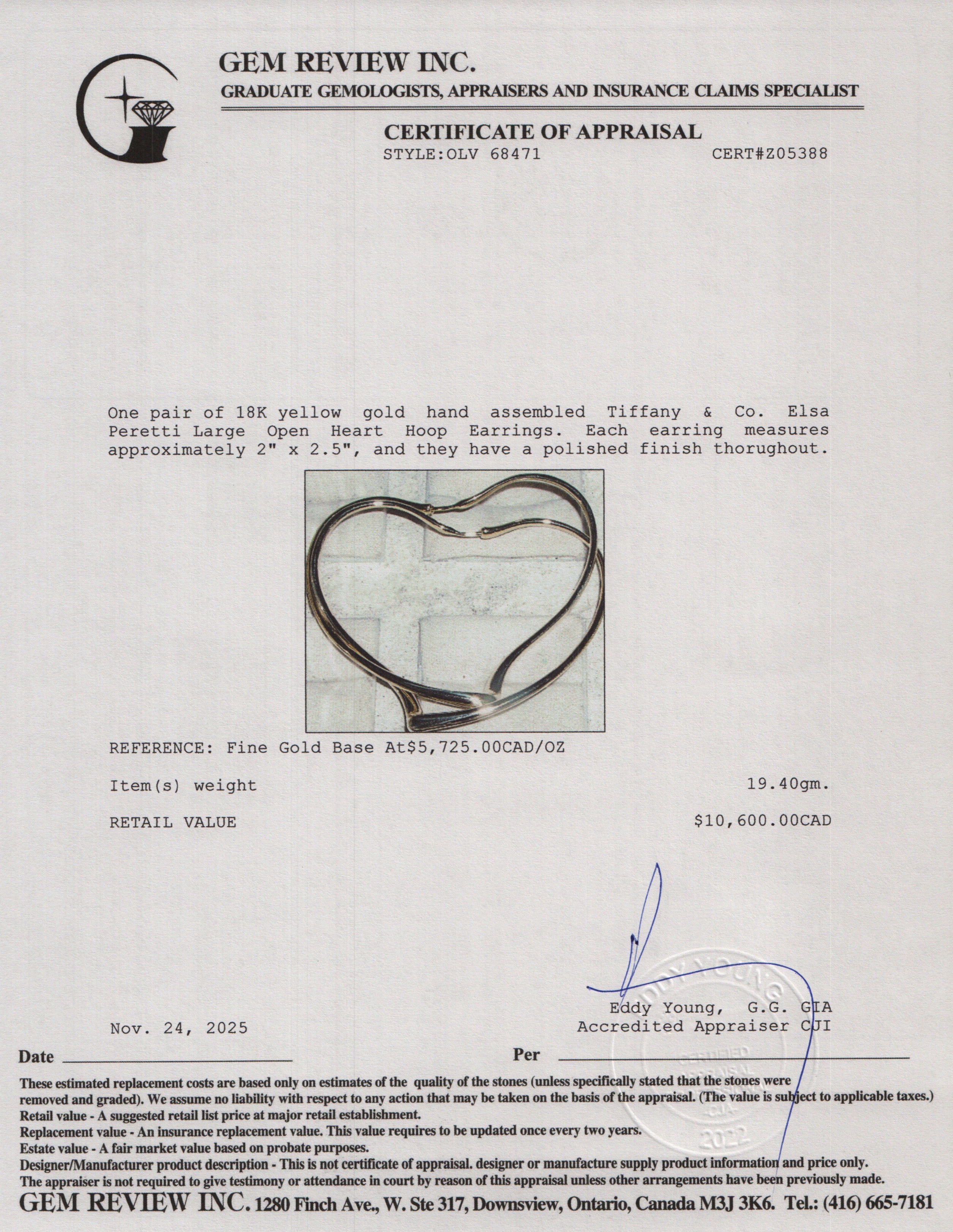 Tiffany & Co. Elsa Peretti 18k Yellow Gold Large Open Heart Hoop Earrings w/ Box