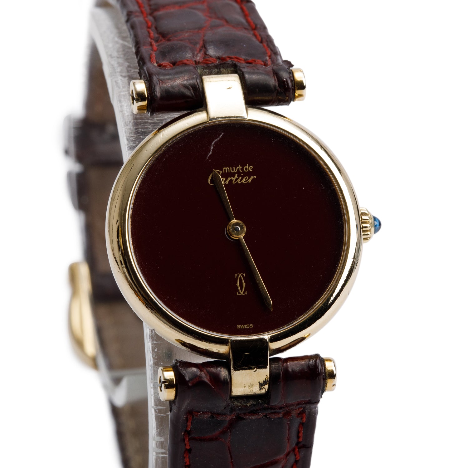 Cartier Vintage 18k Gold Vermeil Sterling Silver Argent Must De Cartier Vendome 24 MM Quartz Watch Burgundy Dial