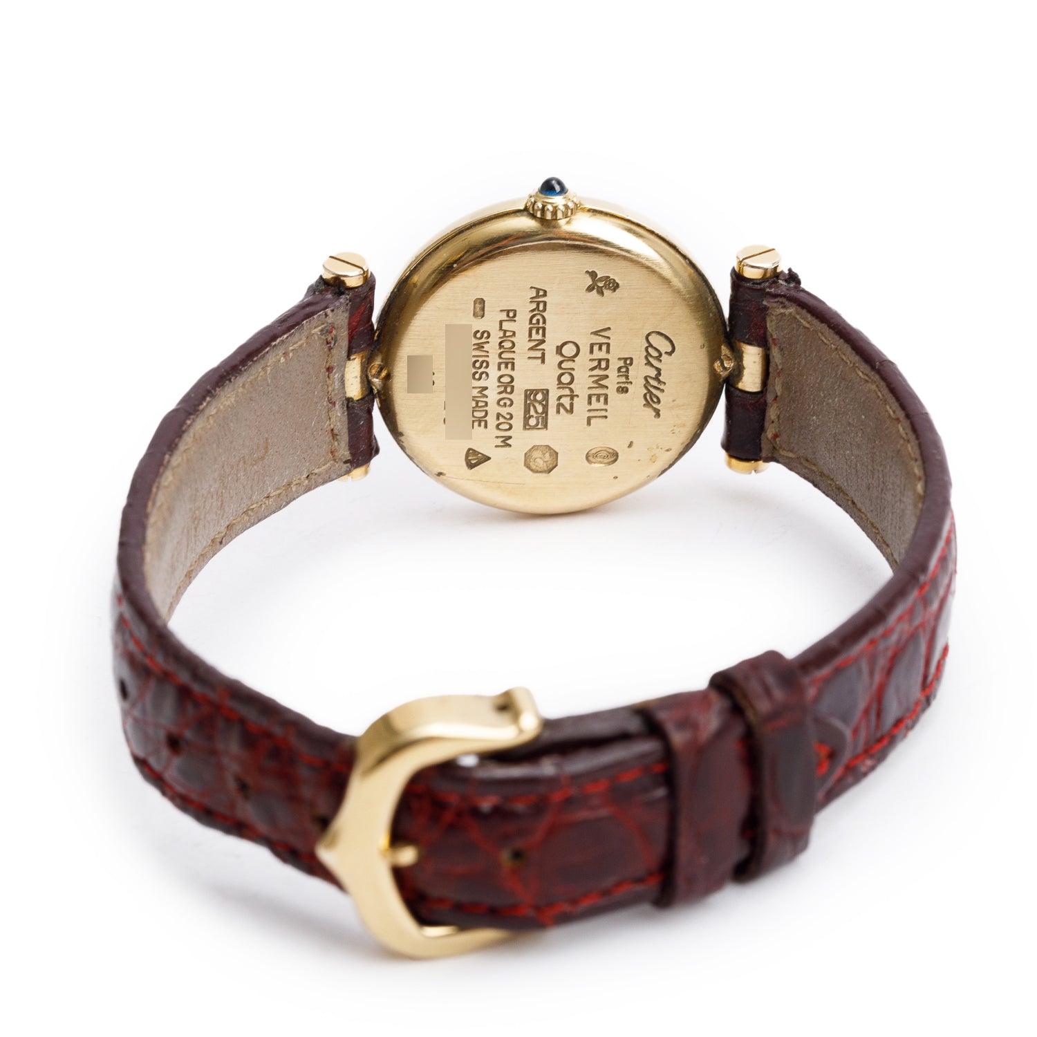 Cartier Vintage 18k Gold Vermeil Sterling Silver Argent Must De Cartier Vendome 24 MM Quartz Watch Burgundy Dial