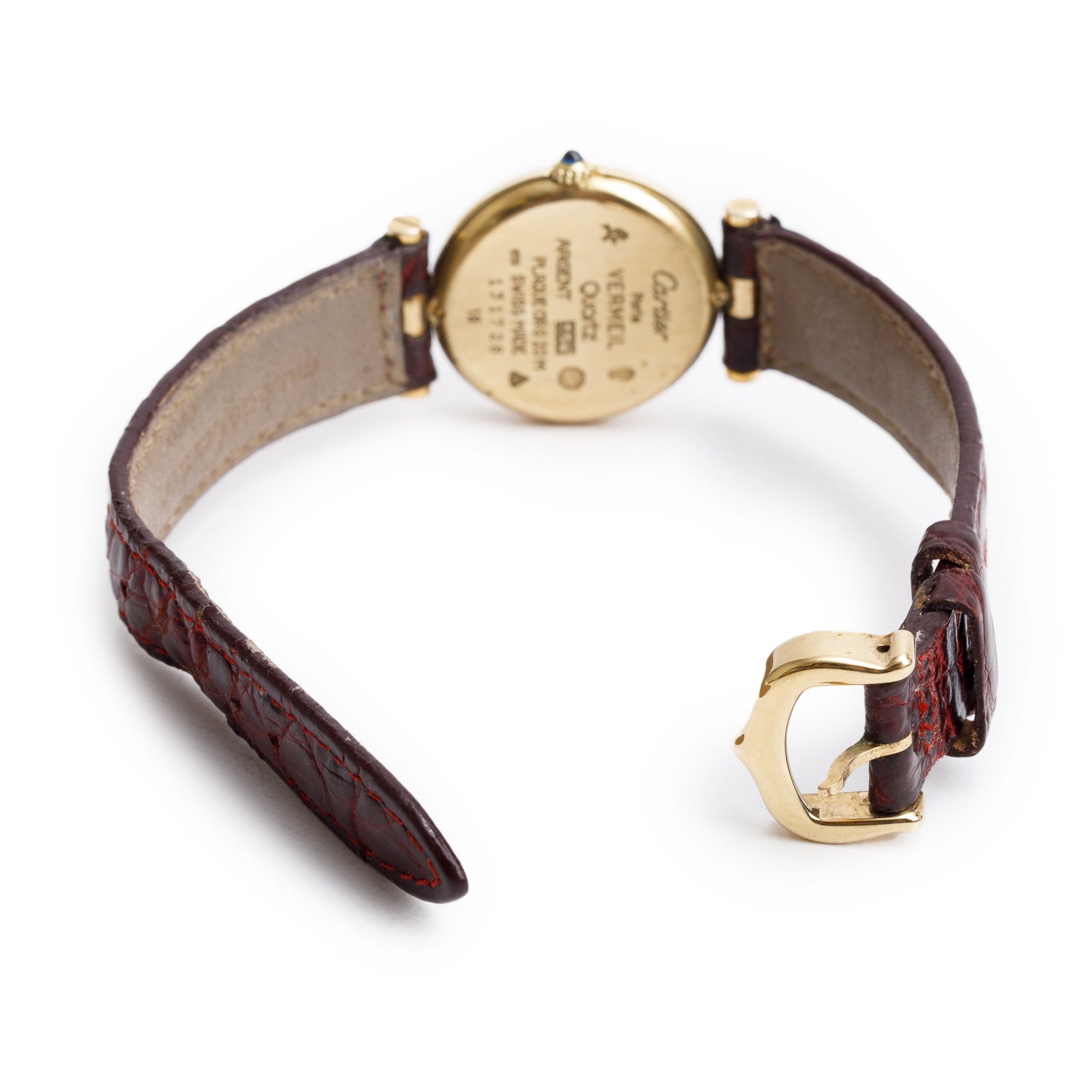 Cartier Vintage 18k Gold Vermeil Sterling Silver Argent Must De Cartier Vendome 24 MM Quartz Watch Burgundy Dial