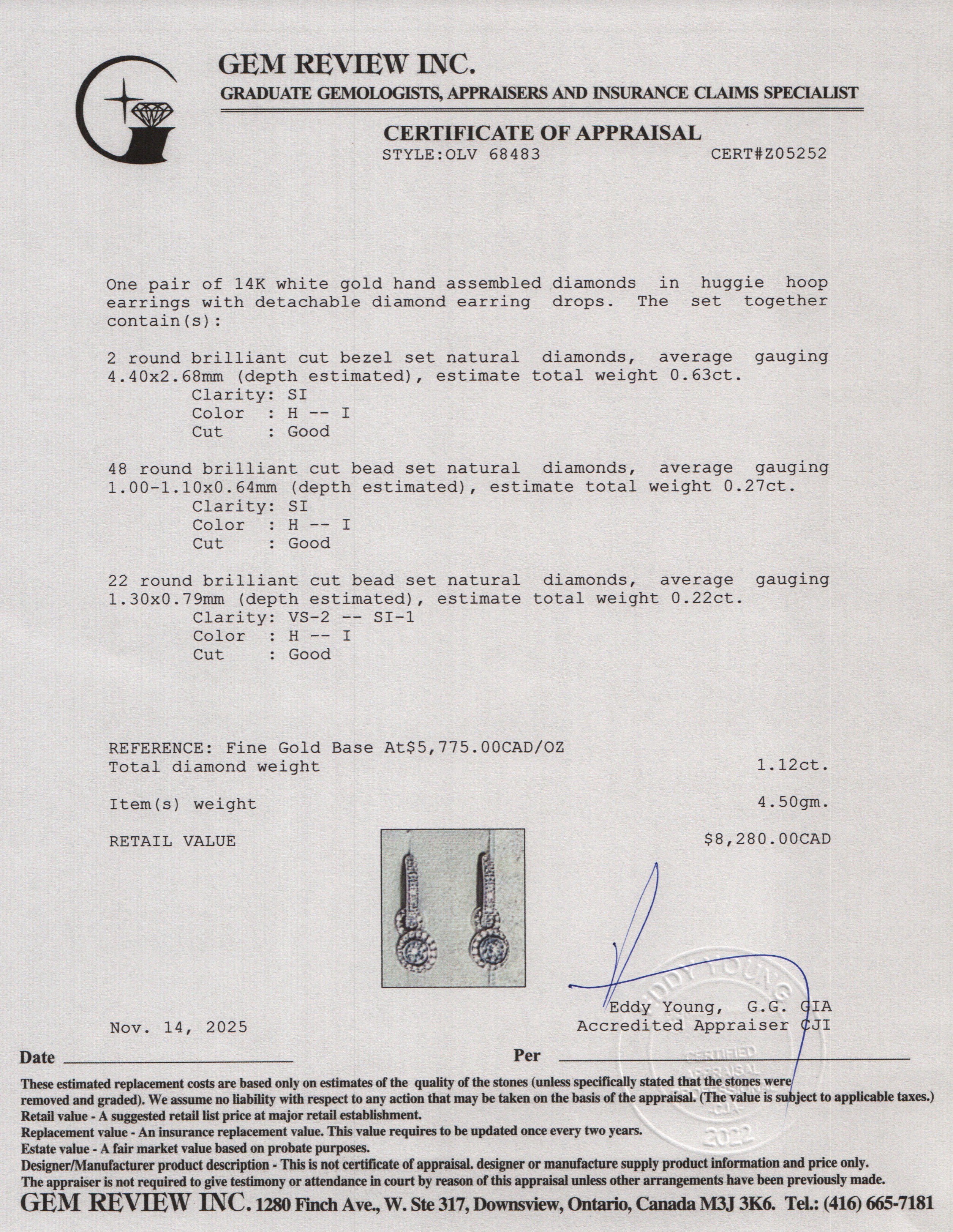 14k White Gold Diamond Huggie Drop Earrings