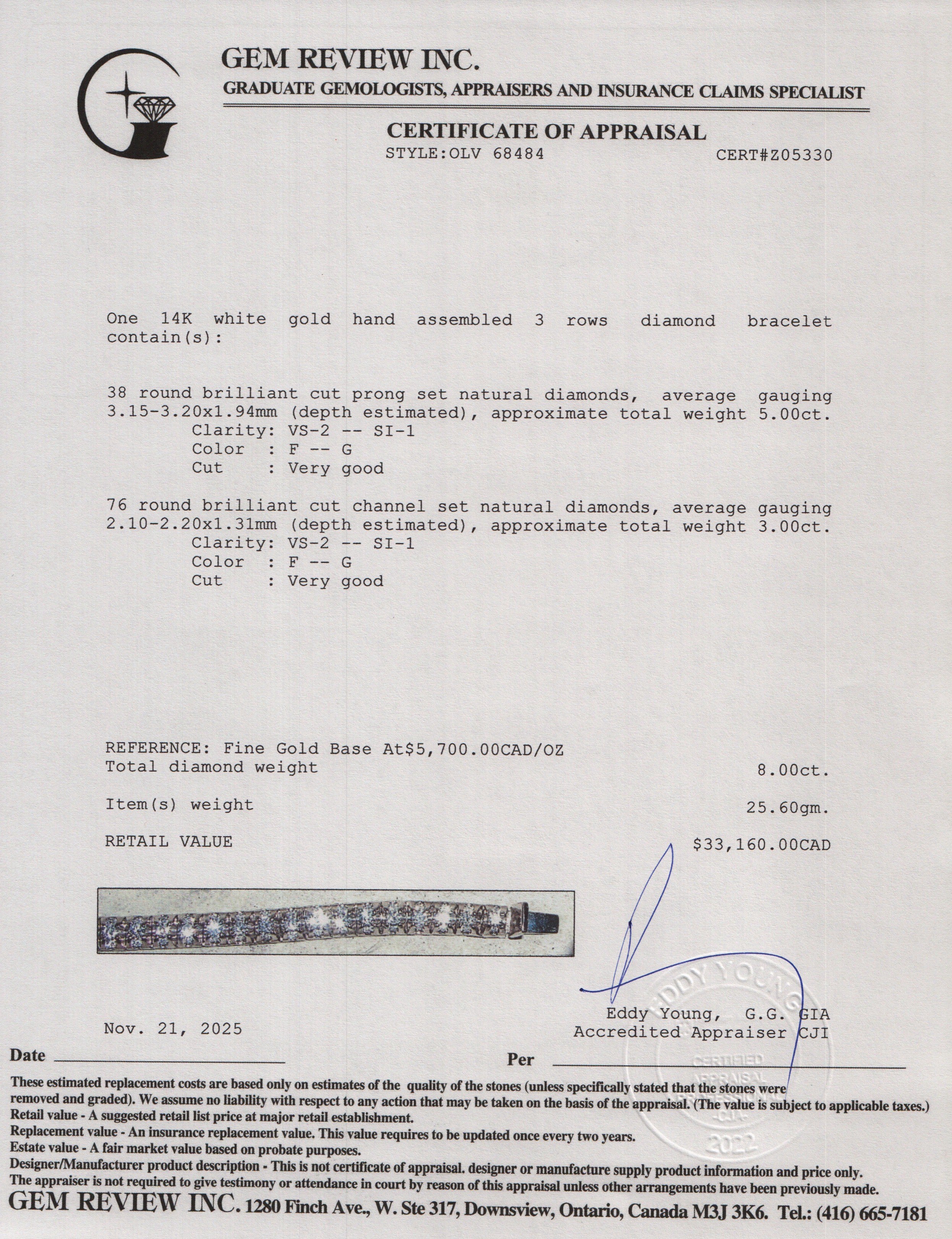 14k White Gold 8.00 tcw. Three-Rows Diamond Bracelet