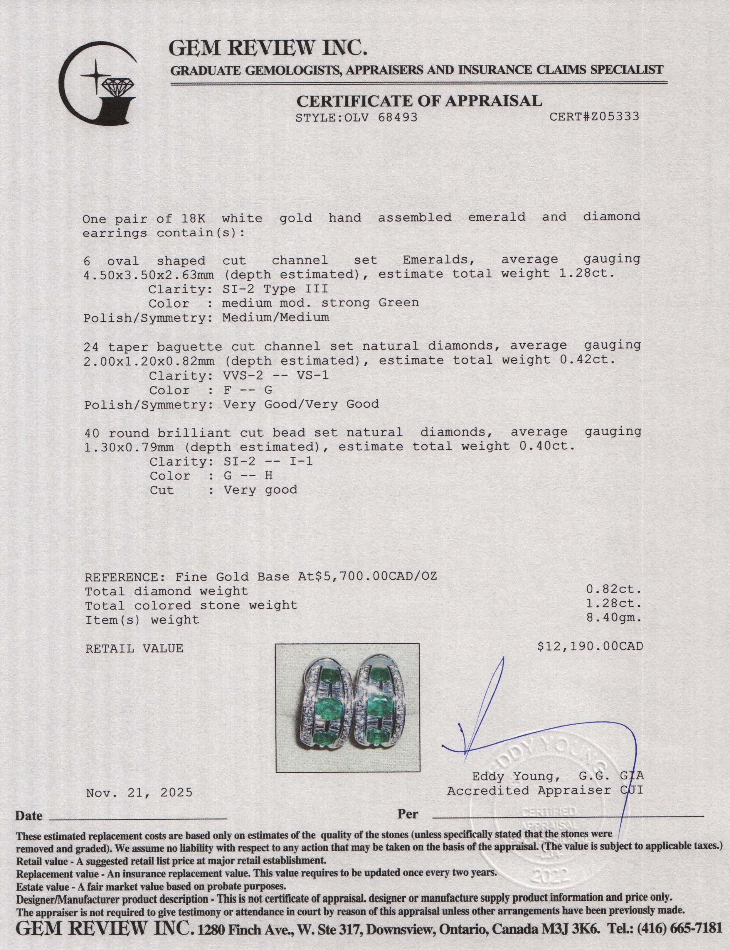 18k White Gold Emerald & Diamond Huggie Earrings