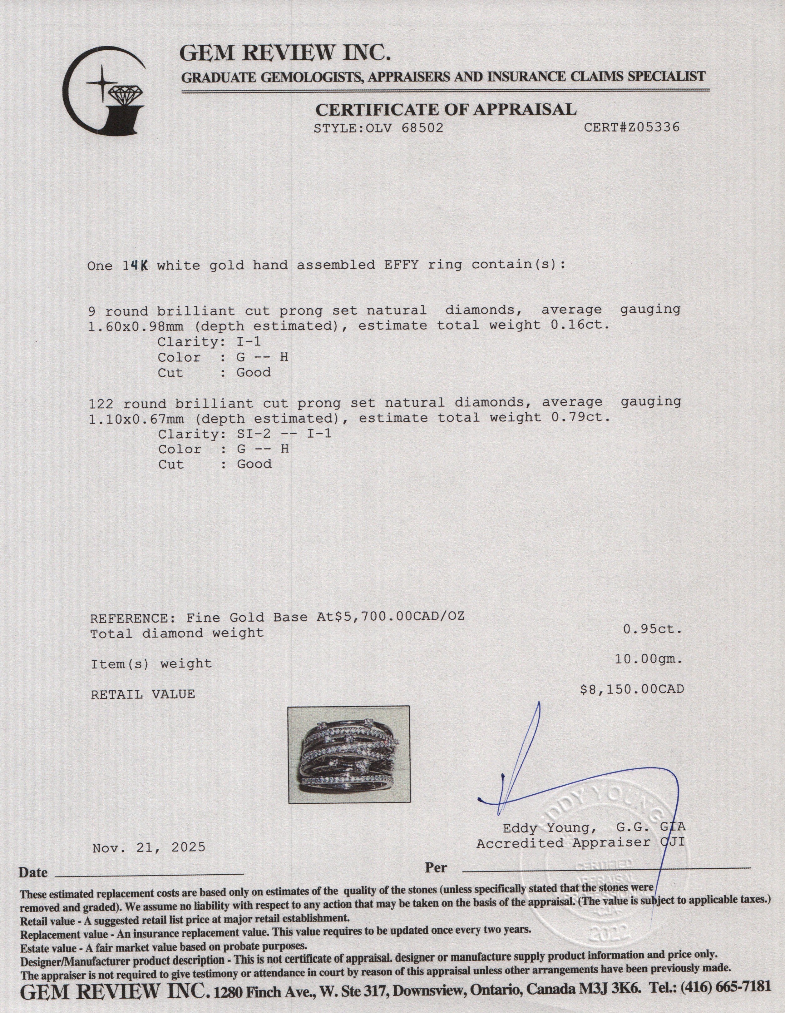 Effy 14k White Gold Diamond Crossover Band Ring, Size 7