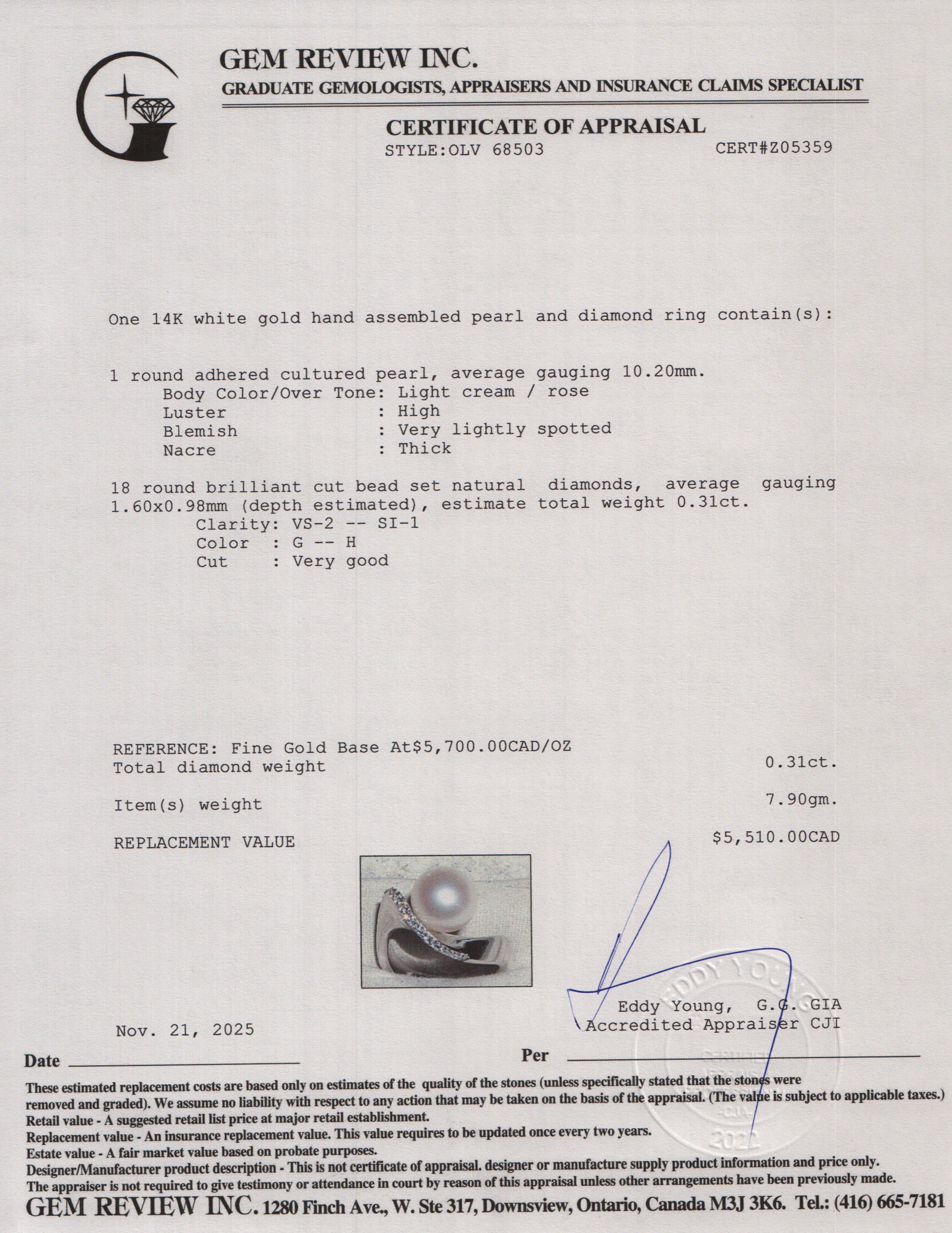 14k White Gold Pearl & Diamond Ring, Size 7.5